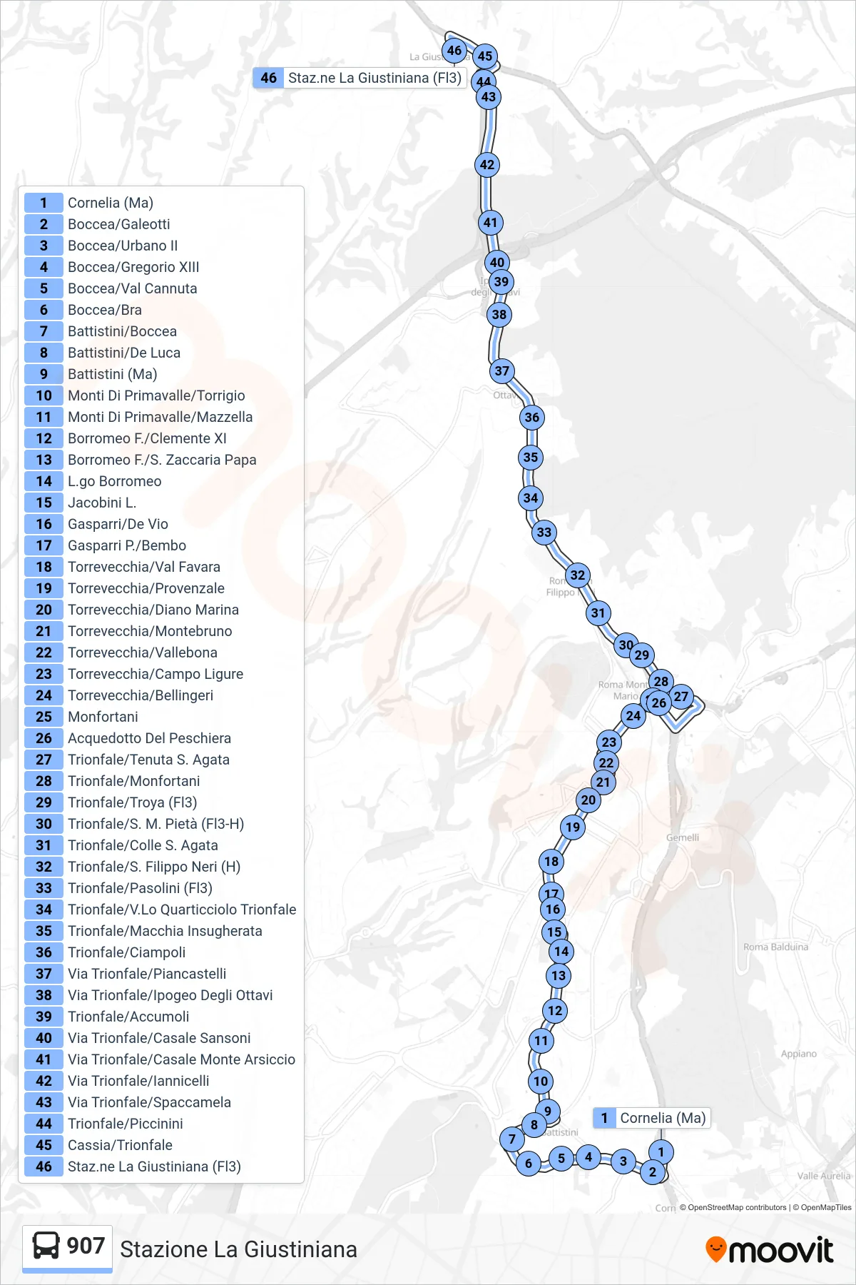Linea 907 bus (Stazione La Giustiniana) - Percorsi e fermate sulla mappa