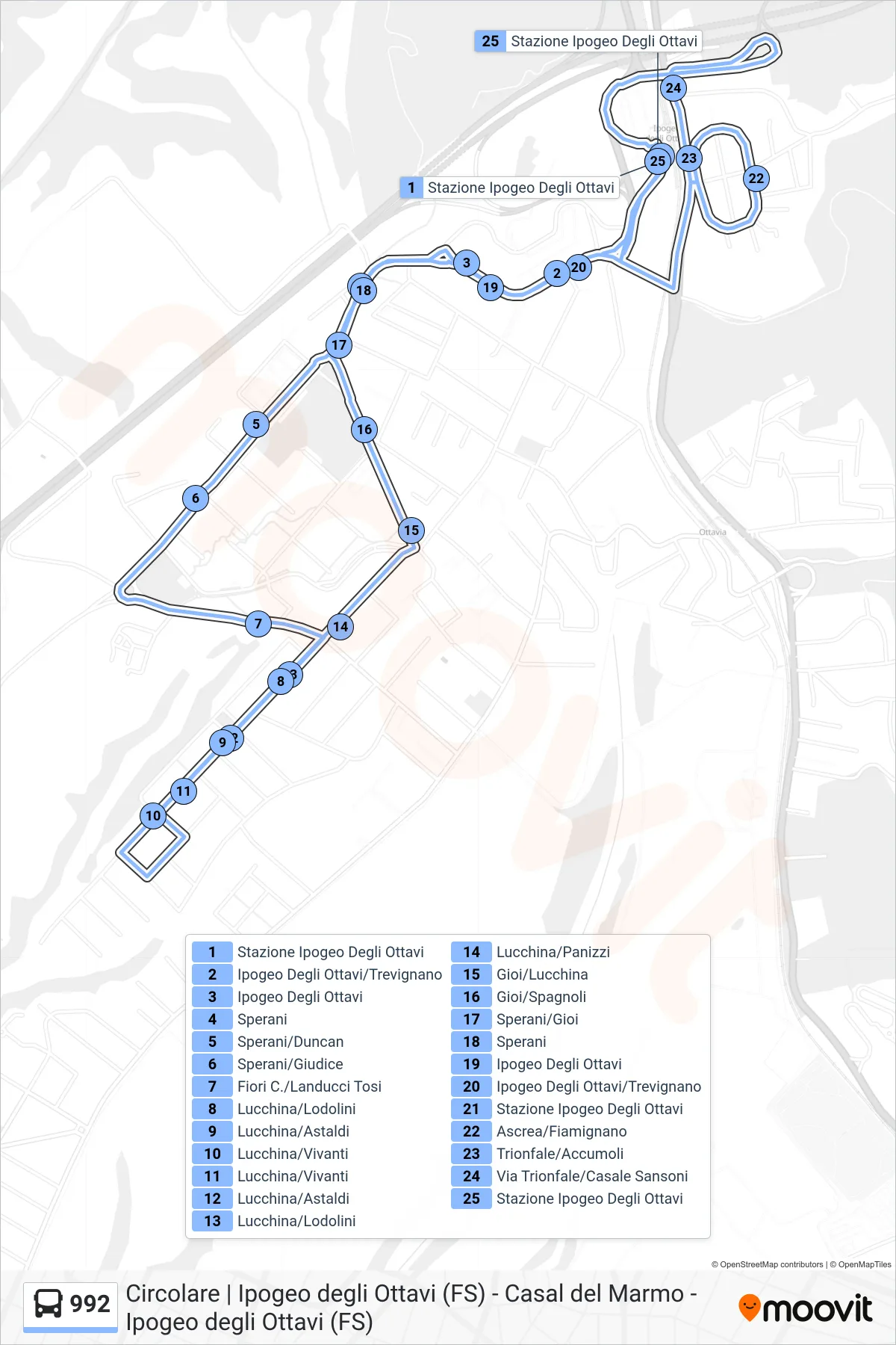Linea 992 bus (Stazione Ipogeo Degli Ottavi) - Percorsi e fermate sulla mappa