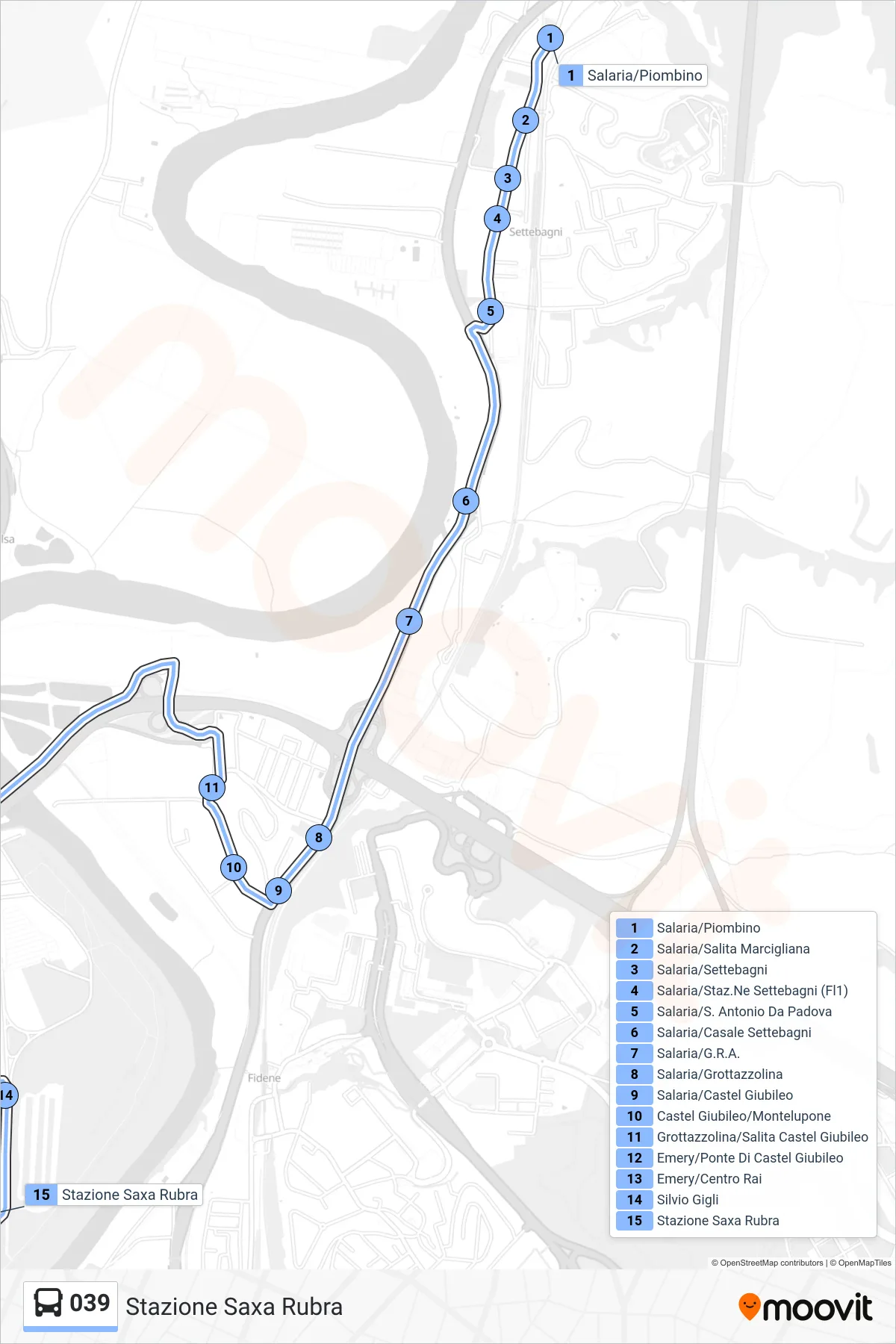 Linea 039 bus (Stazione Saxa Rubra) - Percorsi e fermate sulla mappa