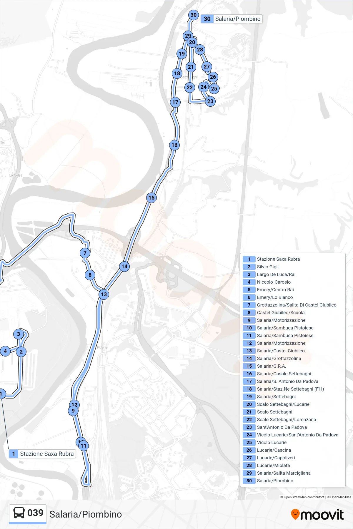 Linea 039 bus (Salaria/Piombino) - Percorsi e fermate sulla mappa