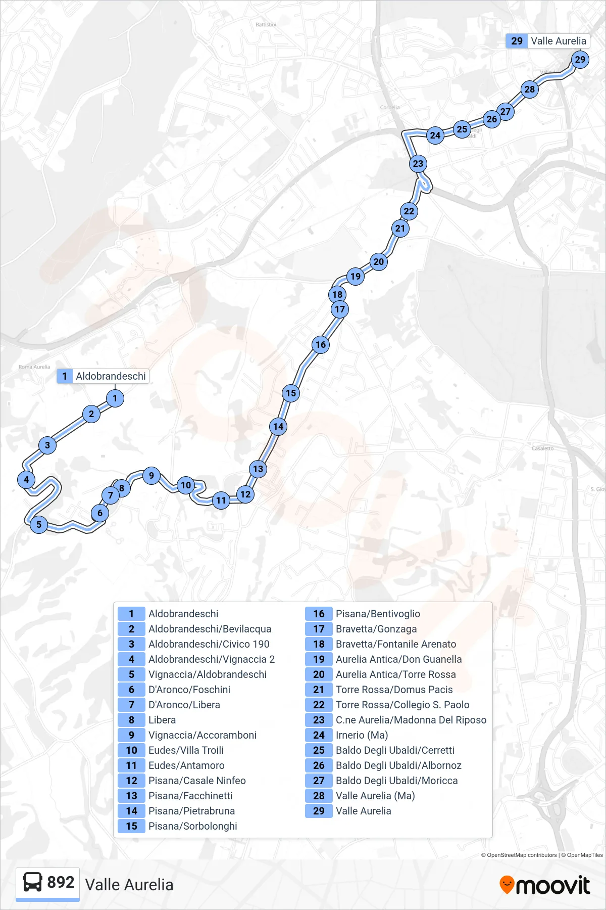 Linea 892 bus (Valle Aurelia) - Percorsi e fermate sulla mappa