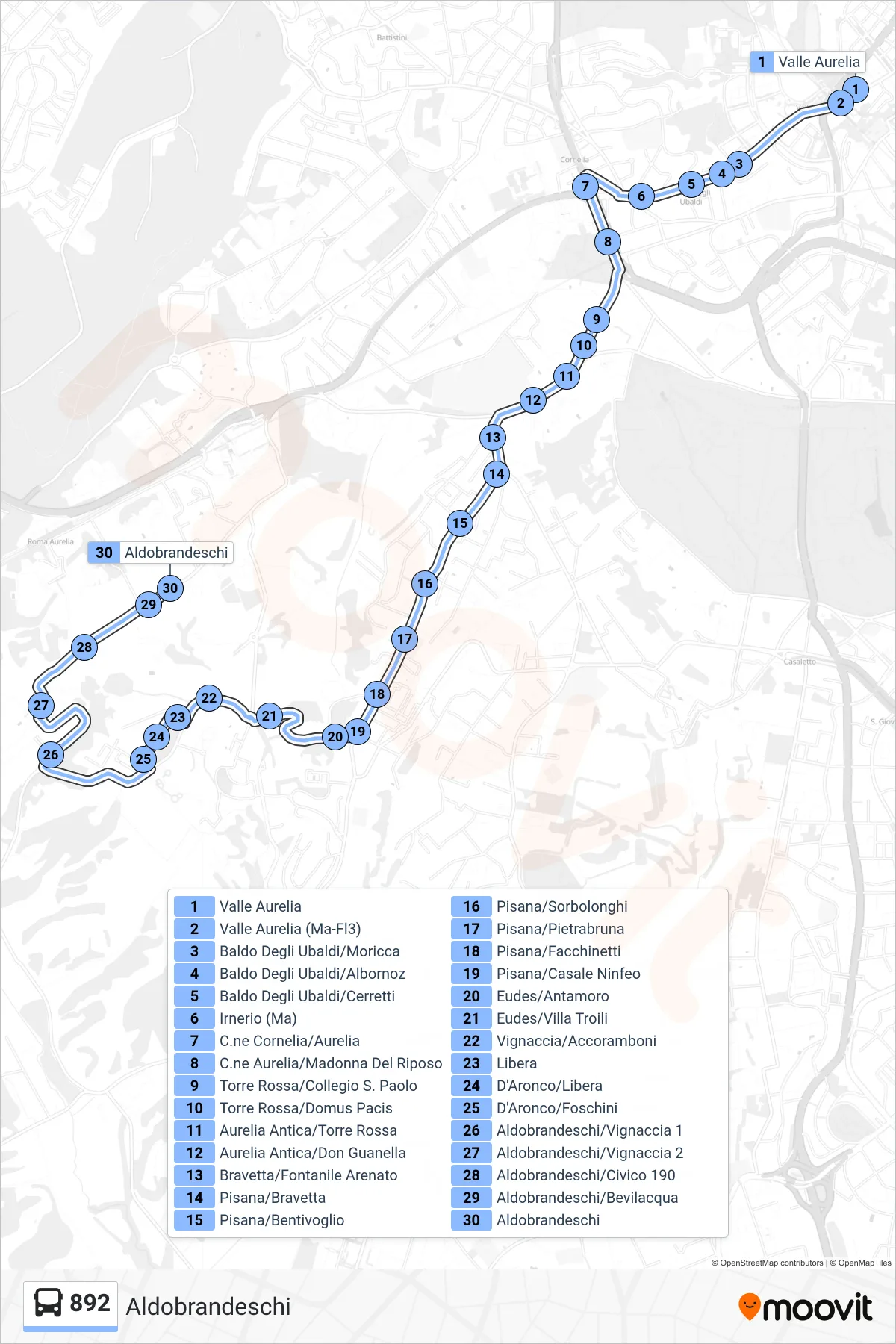 Linea 892 bus (Aldobrandeschi) - Percorsi e fermate sulla mappa