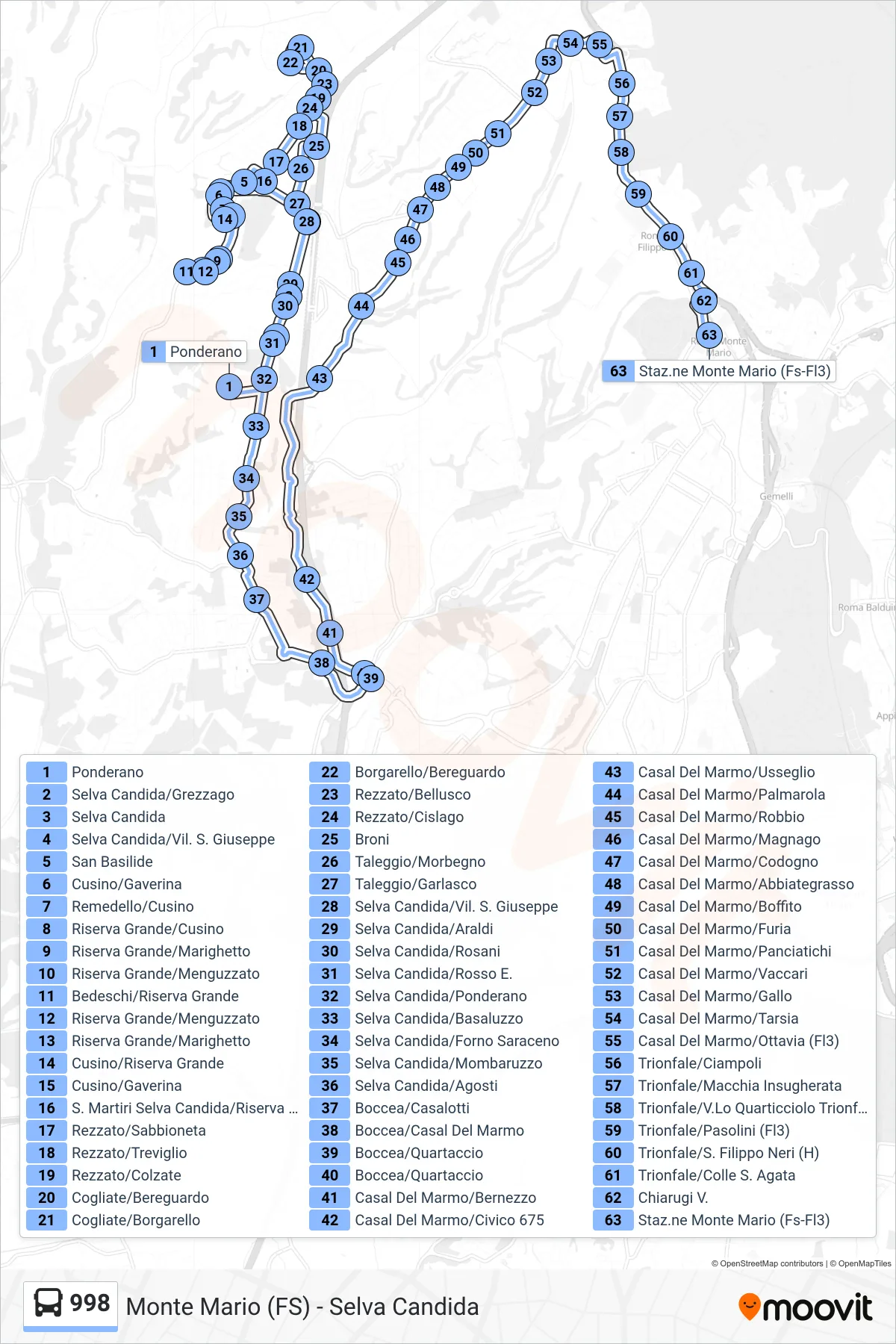 Linea 998 bus (Stazione Monte Mario) - Percorsi e fermate sulla mappa