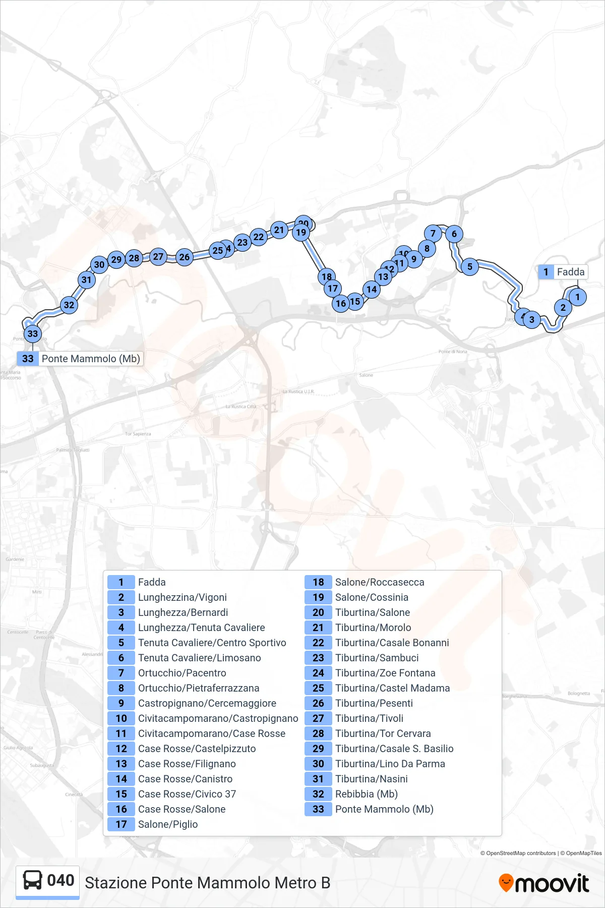 Linea 040 bus (Stazione Ponte Mammolo Metro B) - Percorsi e fermate sulla mappa