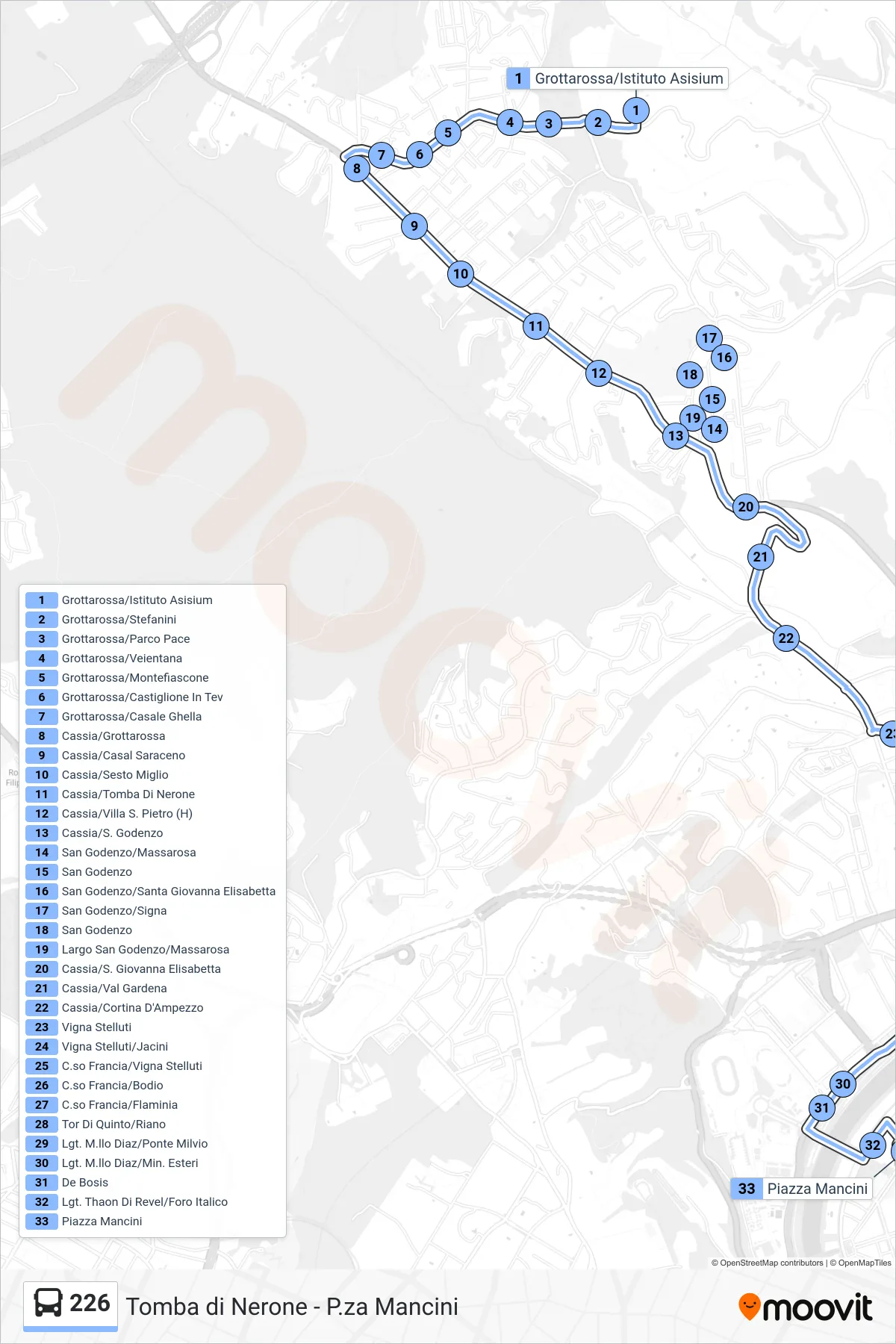 Linea 226 bus (Piazza Mancini) - Percorsi e fermate sulla mappa