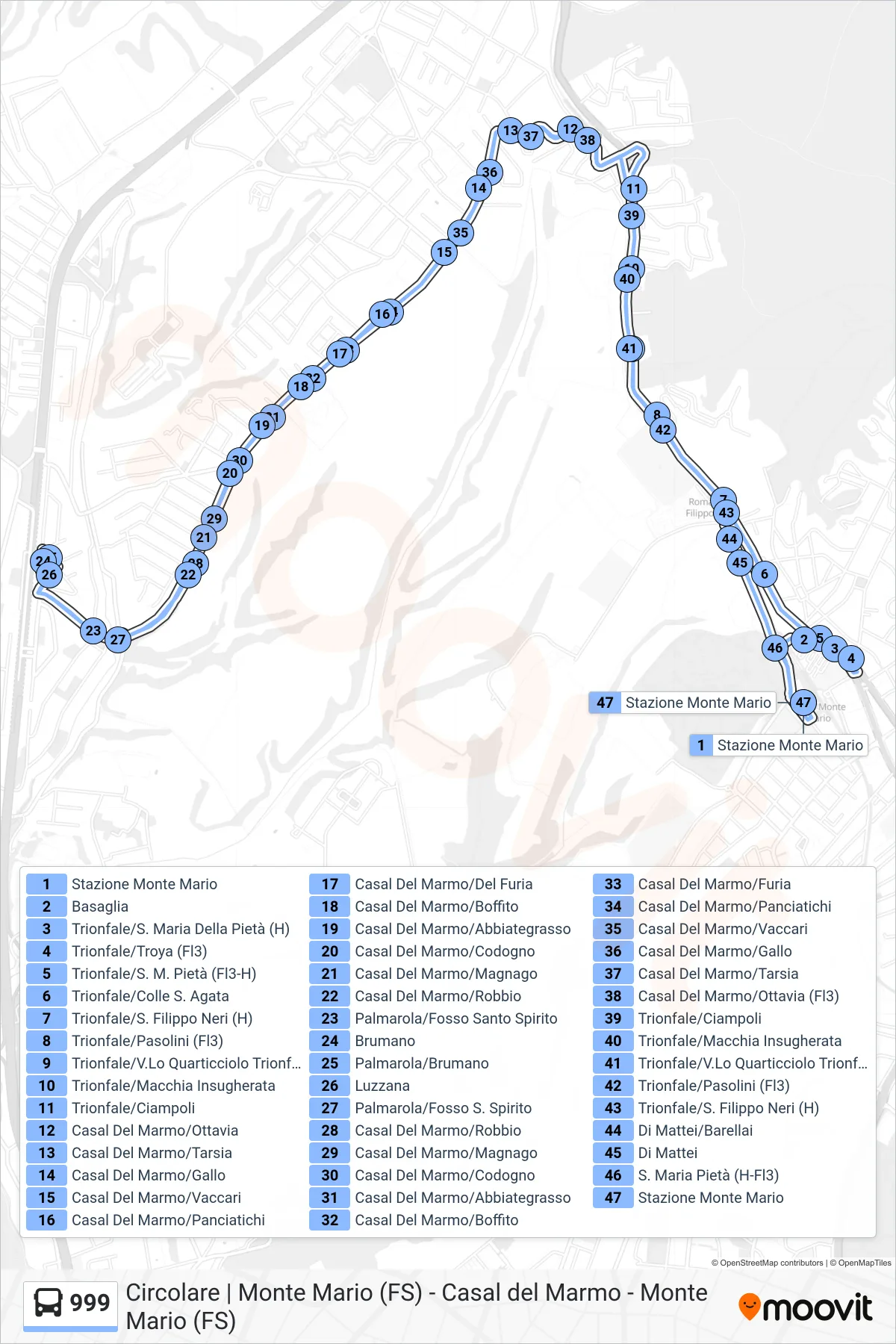 Linea 999 bus (Stazione Monte Mario) - Percorsi e fermate sulla mappa