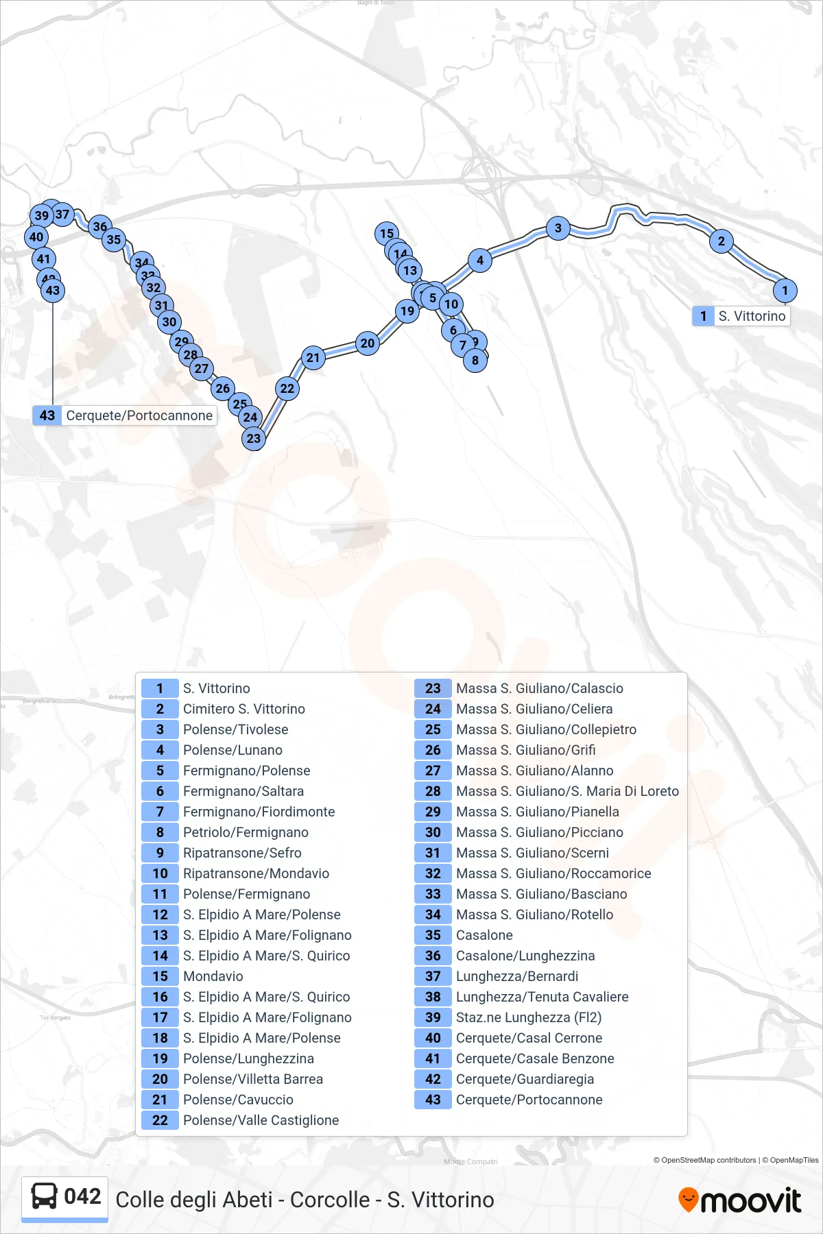 042 bus Line (Cerquete/Portocannone) route and stops on a map