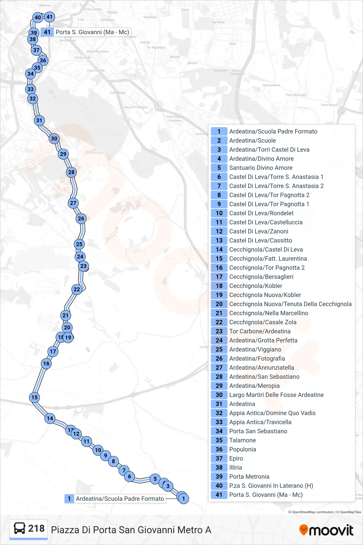 Linea 218  bus (Piazza Di Porta San Giovanni Metro A) - Percorsi e fermate sulla mappa