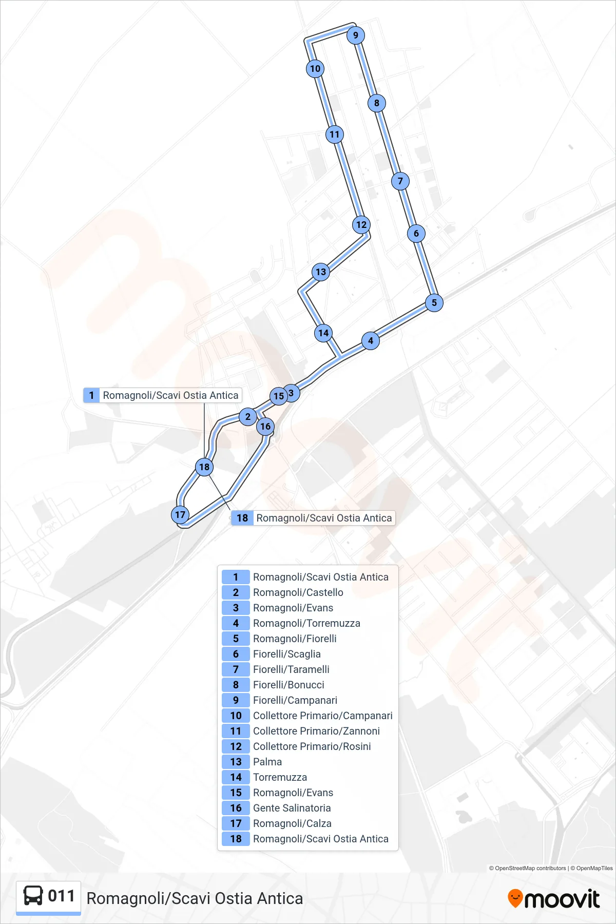 Linea 011 bus (Romagnoli/Scavi Ostia Antica) - Percorsi e fermate sulla mappa