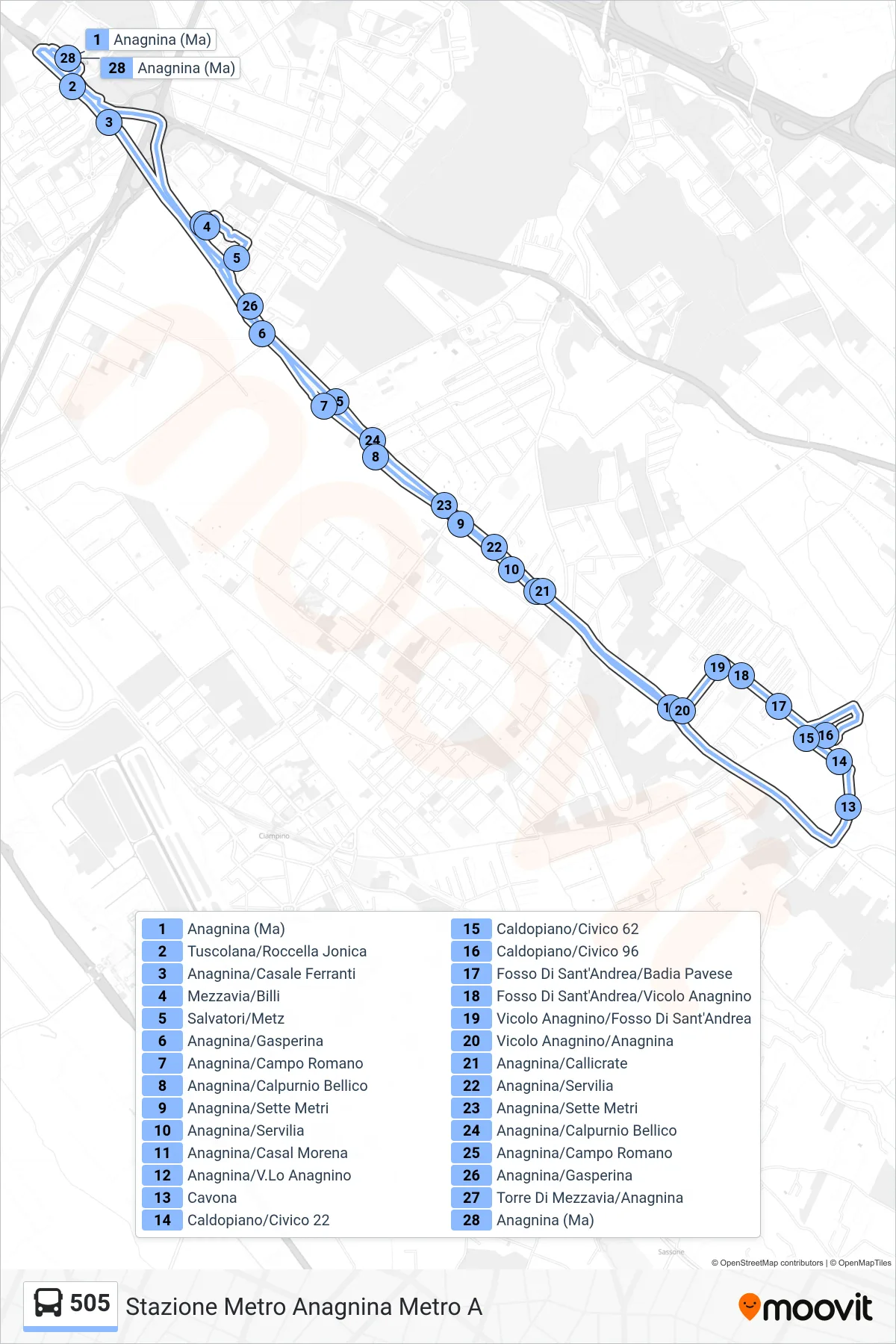 Linea 505 bus (Stazione Metro Anagnina Metro A) - Percorsi e fermate sulla mappa