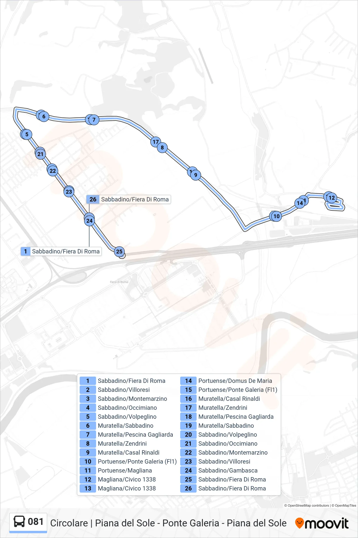 Linea 081 bus (Sabbadino/Fiera Di Roma) - Percorsi e fermate sulla mappa