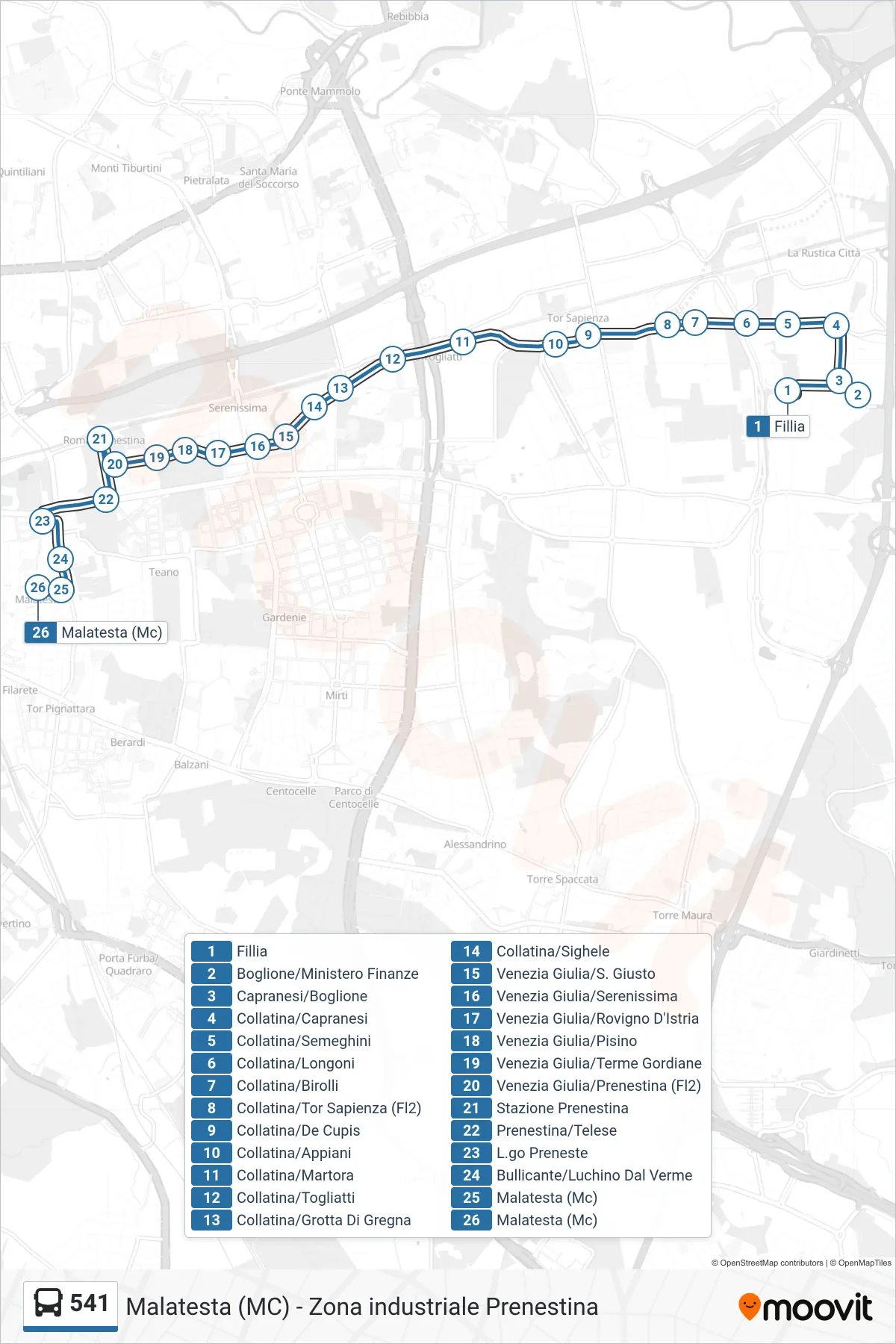 Linea 541 bus (Malatesta Metro C) - Percorsi e fermate sulla mappa