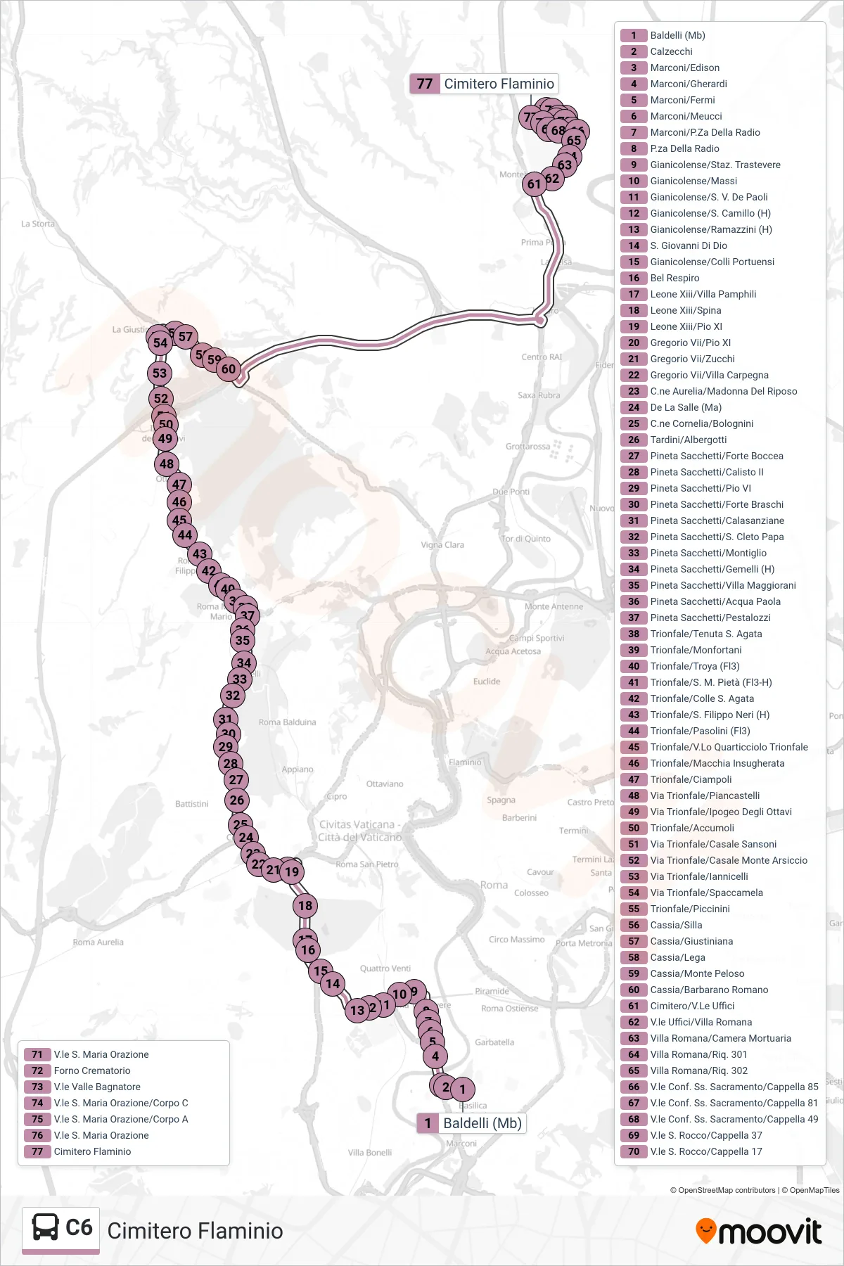 Linea C6 bus (Cimitero Flaminio) - Percorsi e fermate sulla mappa