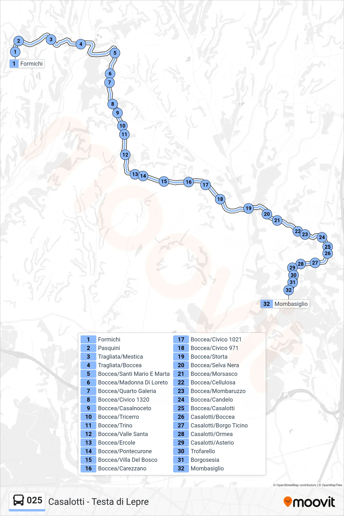 025 bus Line (Mombasiglio) route and stops on a map