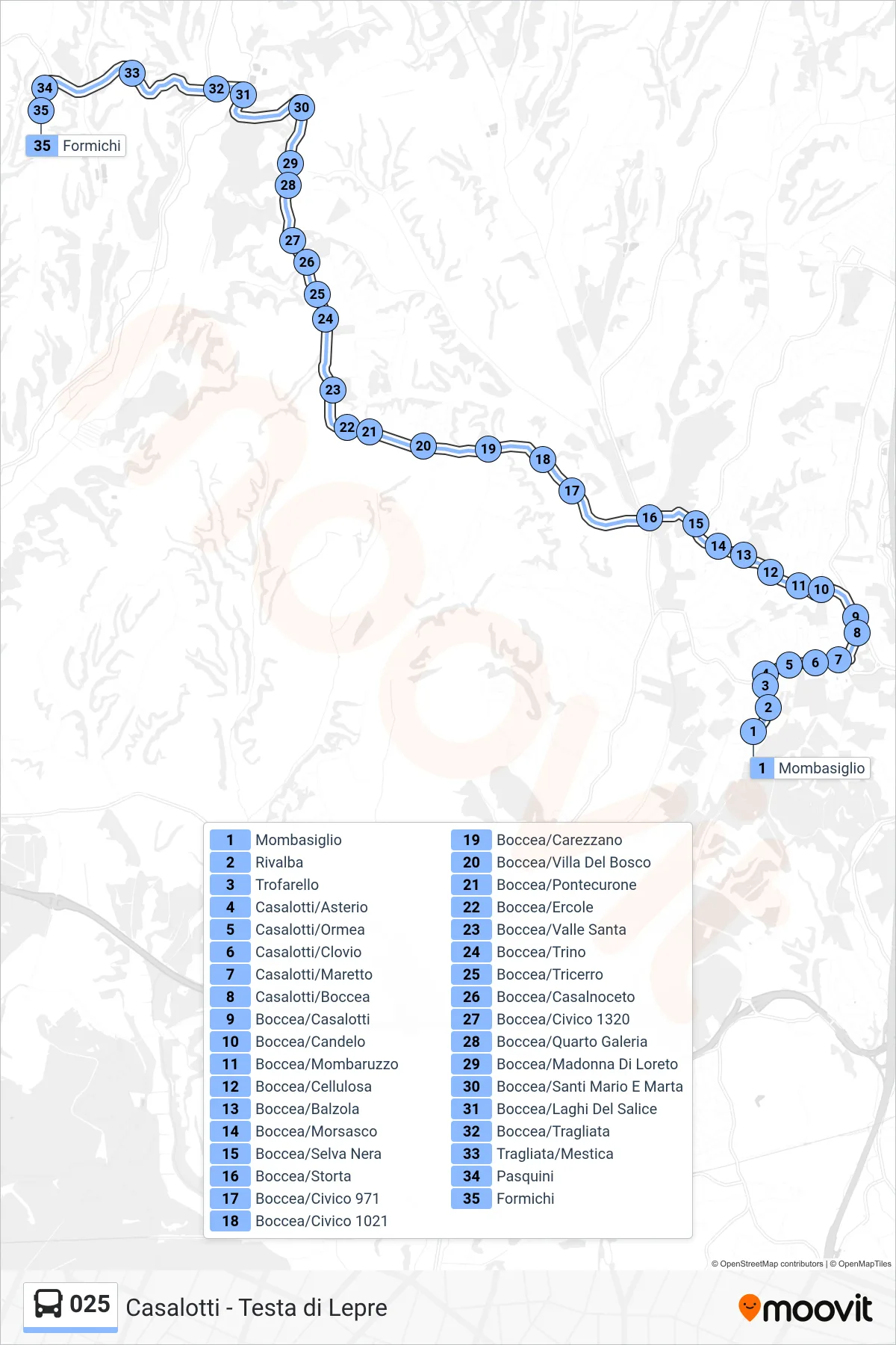 Linea 025 bus (Formichi) - Percorsi e fermate sulla mappa