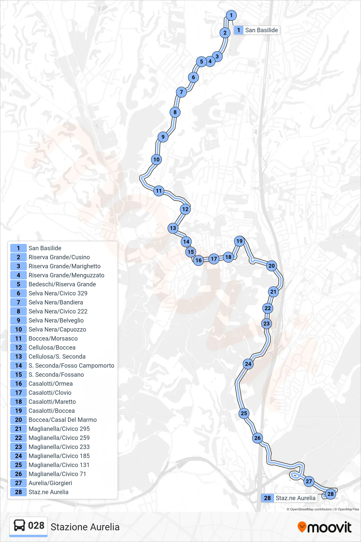 Linea 028 bus (Stazione Aurelia) - Percorsi e fermate sulla mappa