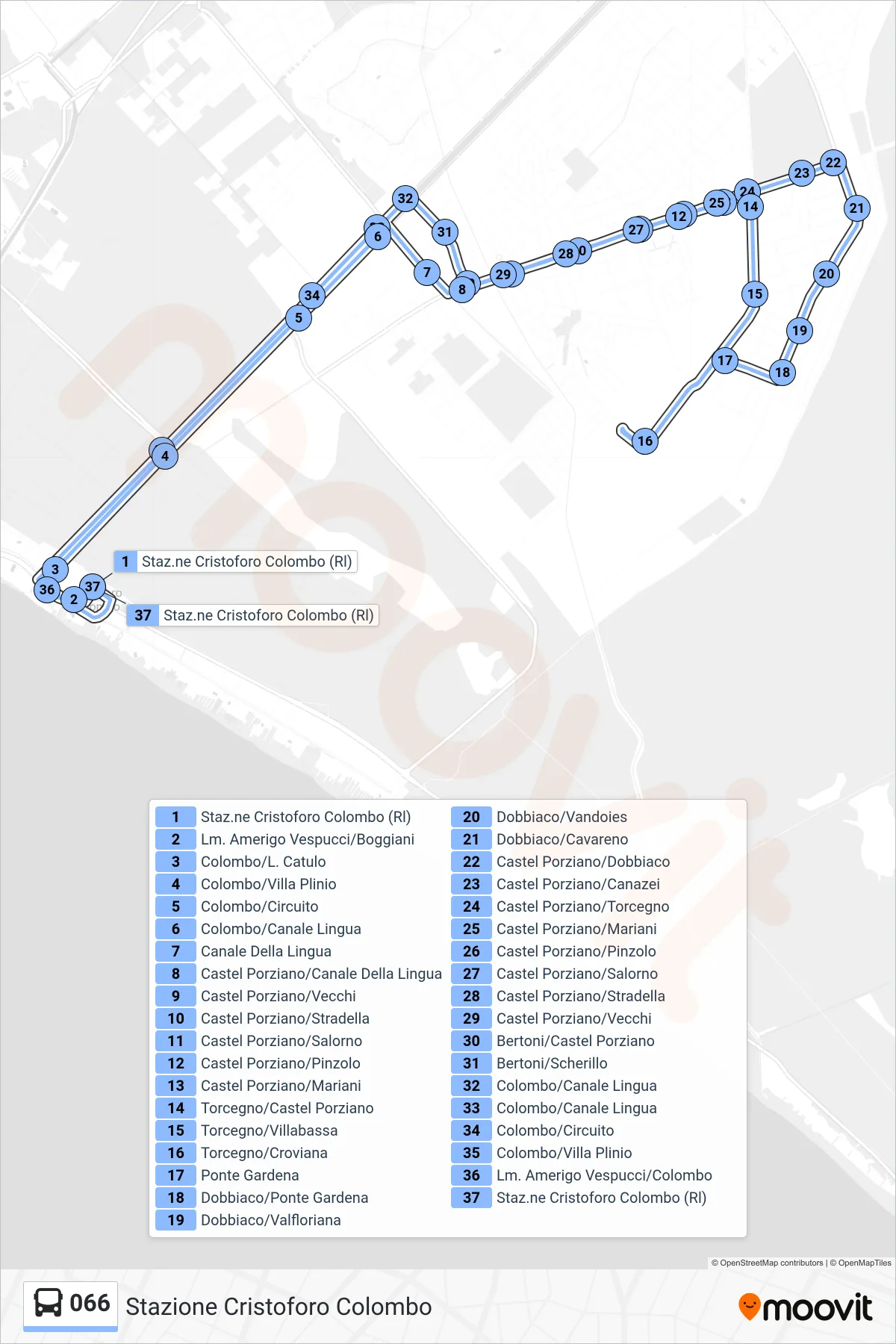 Linea 066  bus (Stazione Cristoforo Colombo) - Percorsi e fermate sulla mappa
