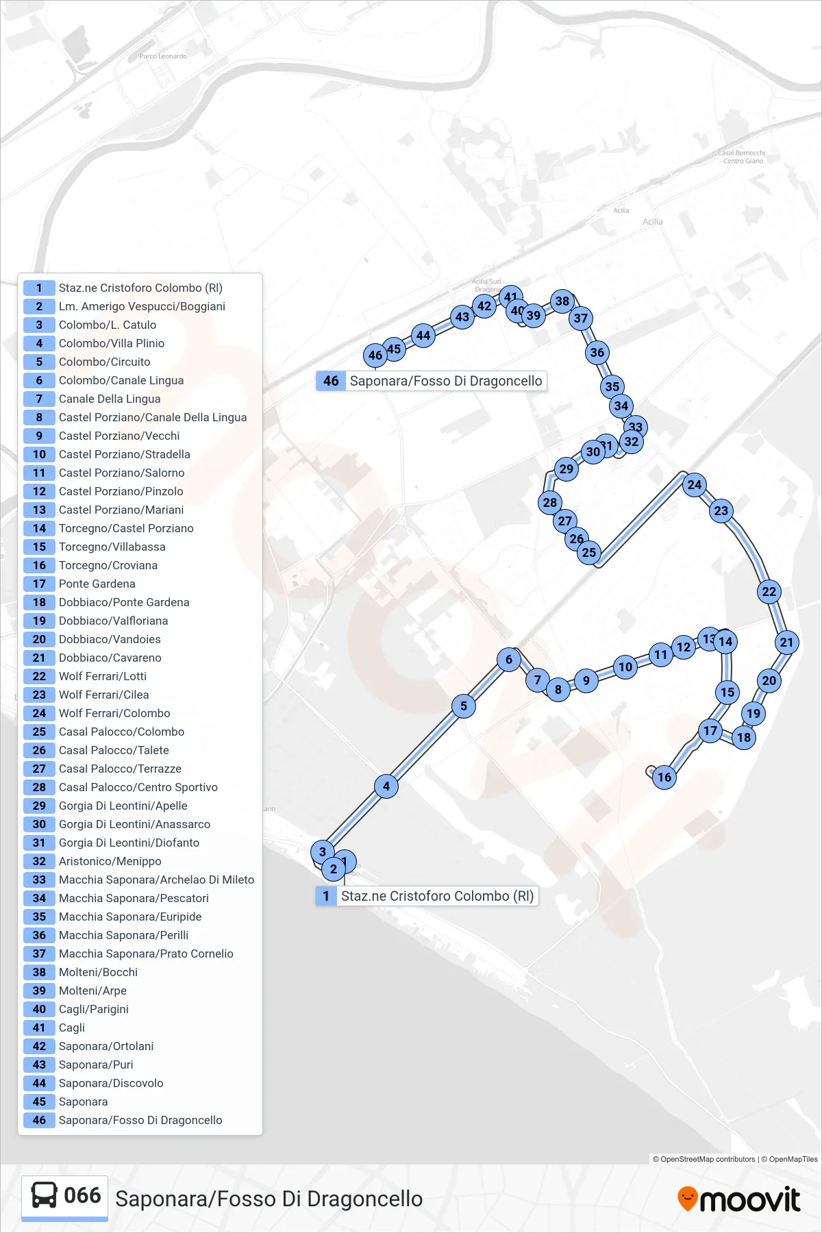 Linea 066 bus (Saponara/Fosso Di Dragoncello) - Percorsi e fermate sulla mappa