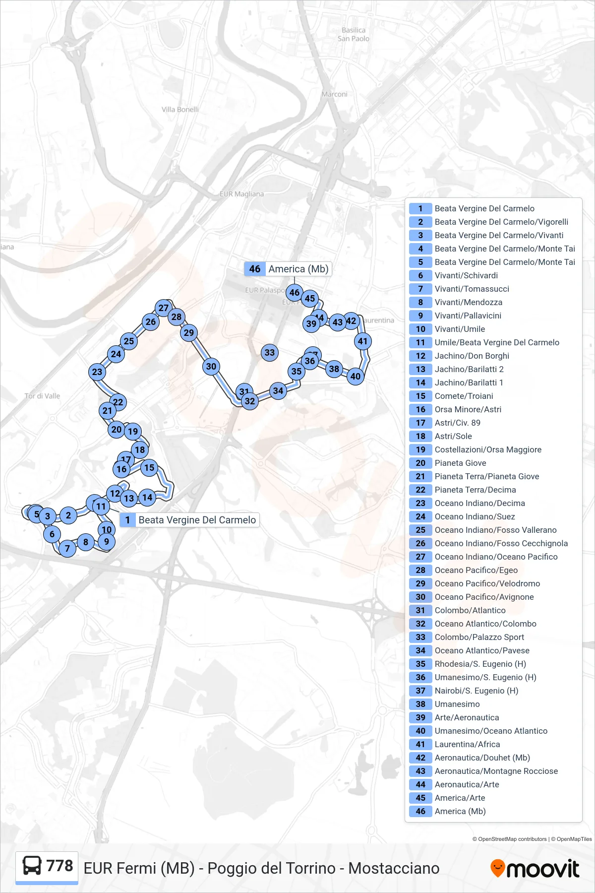 Linea 778 bus (America Metro B) - Percorsi e fermate sulla mappa