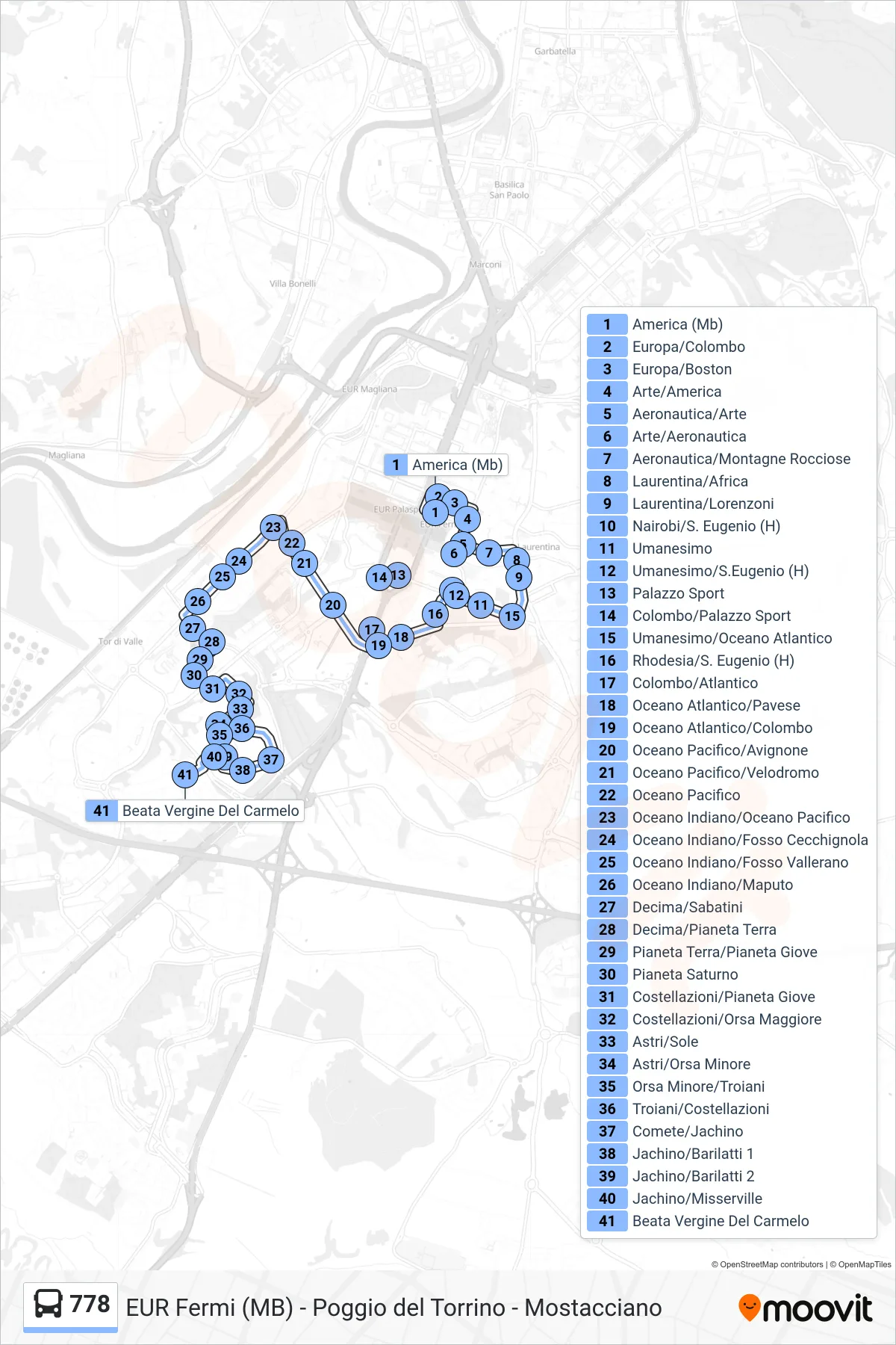 778 bus Line (Blessed Virgin of Carmel) route and stops on a map