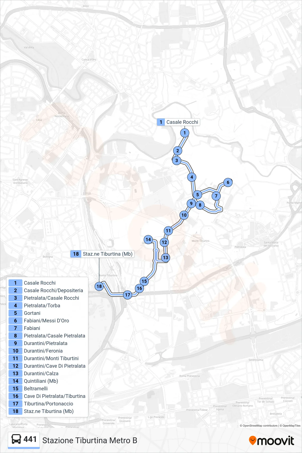 Linea 441 bus (Stazione Tiburtina Metro B) - Percorsi e fermate sulla mappa