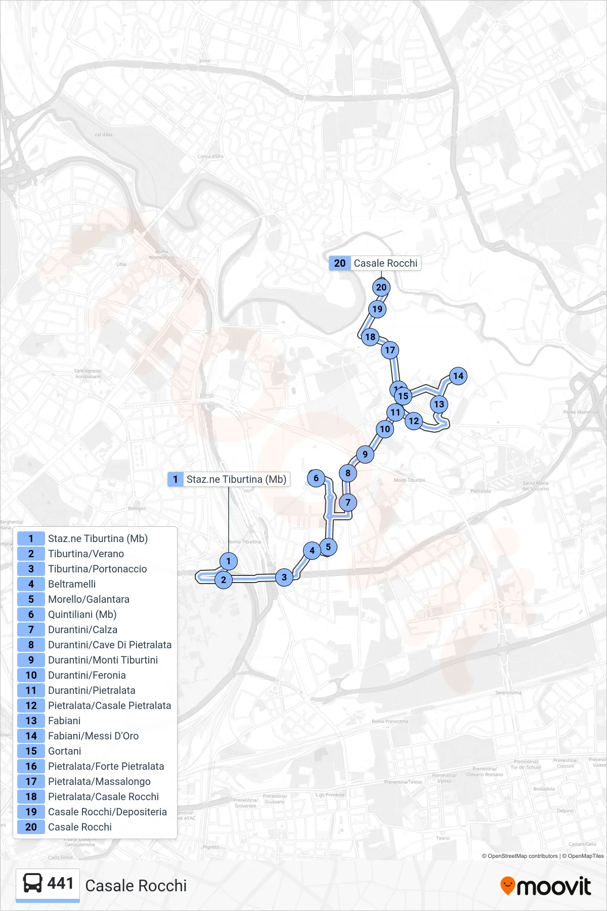 Linea 441 bus (Casale Rocchi) - Percorsi e fermate sulla mappa