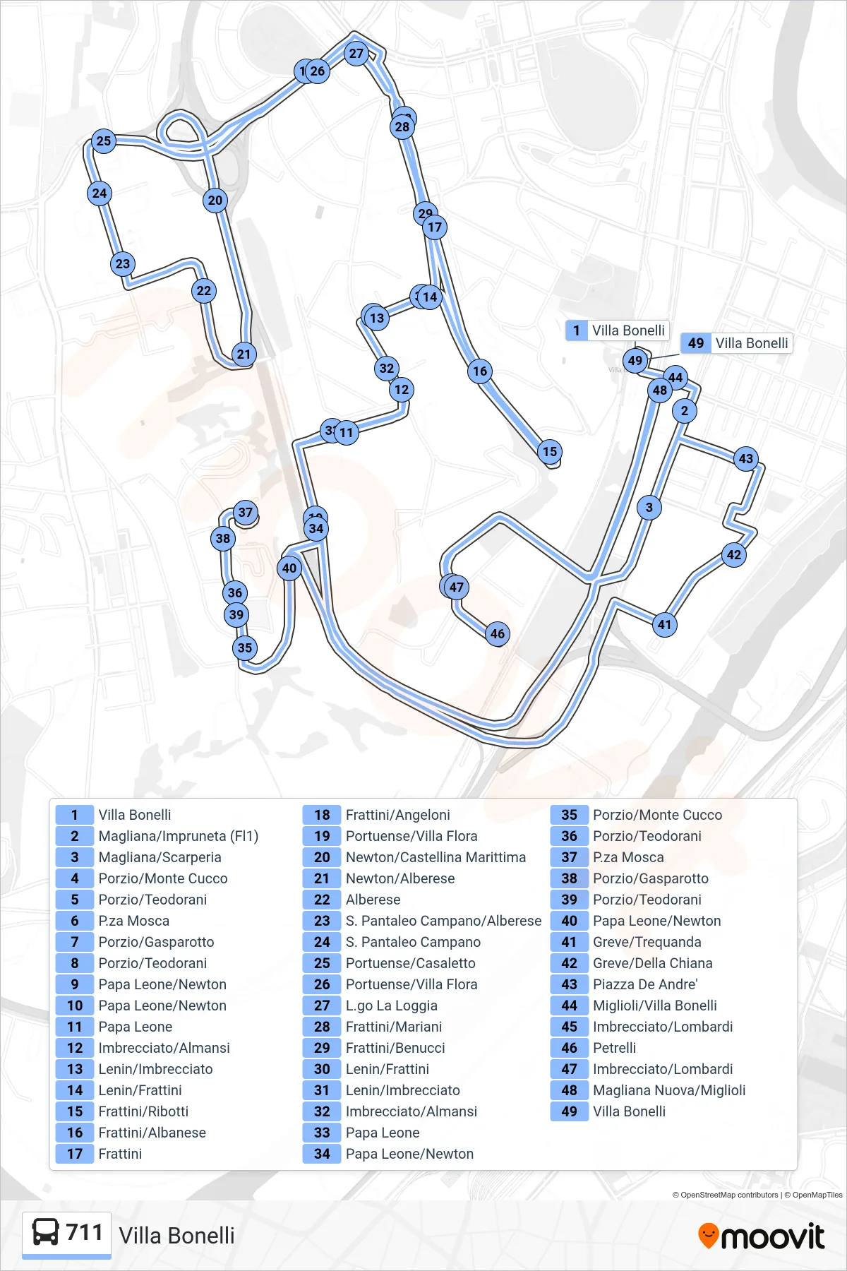 Linea 711 bus (Villa Bonelli) - Percorsi e fermate sulla mappa