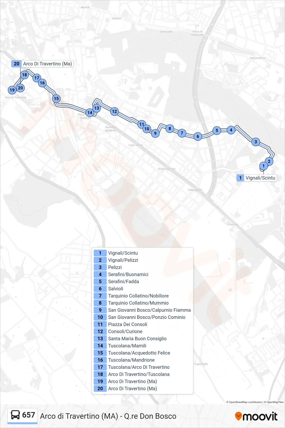 657 bus Line (Arco Di Travertino Metro A) route and stops on a map