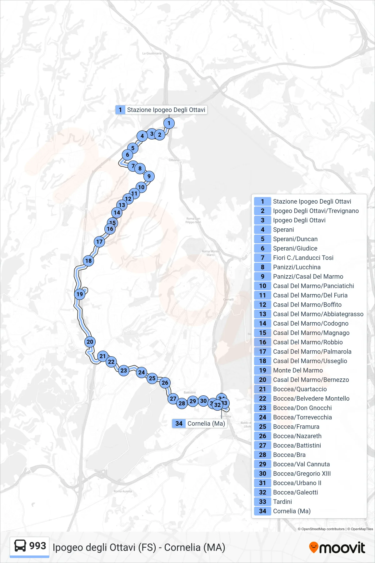 Linea 993 bus (Cornelia Metro A) - Percorsi e fermate sulla mappa