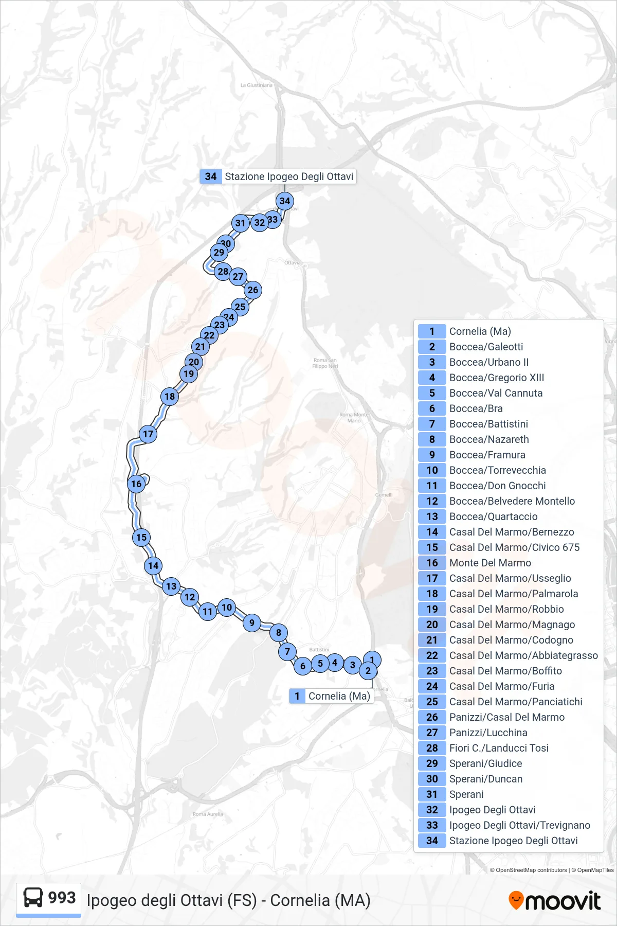 Linea 993  bus (Stazione Ipogeo Degli Ottavi) - Percorsi e fermate sulla mappa
