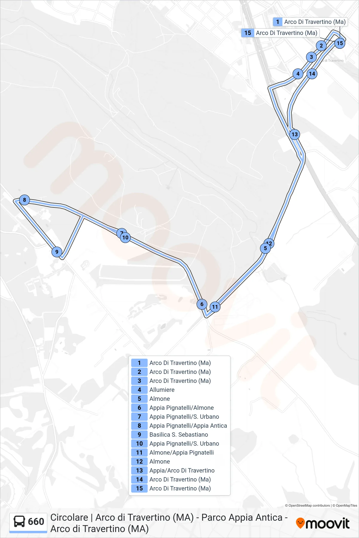 Linea 660 bus (Arco Di Travertino Metro A) - Percorsi e fermate sulla mappa