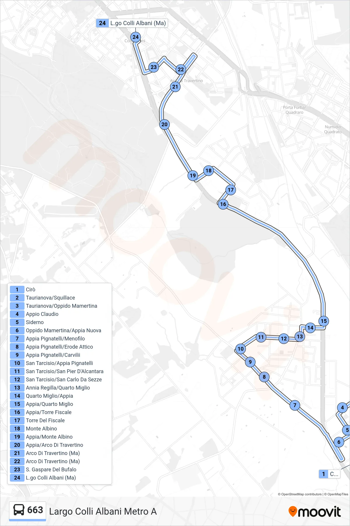 Linea 663 bus (Largo Colli Albani Metro A) - Percorsi e fermate sulla mappa