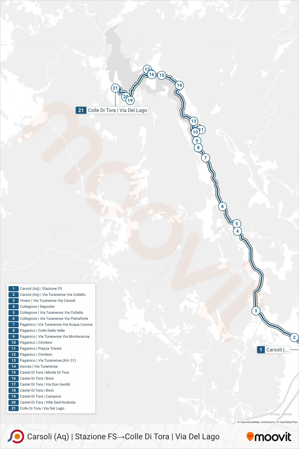 Linea COTRAL bus (Carsoli (Aq) | Stazione FS→Colle Di Tora | Via Del Lago) - Percorsi e fermate sulla mappa