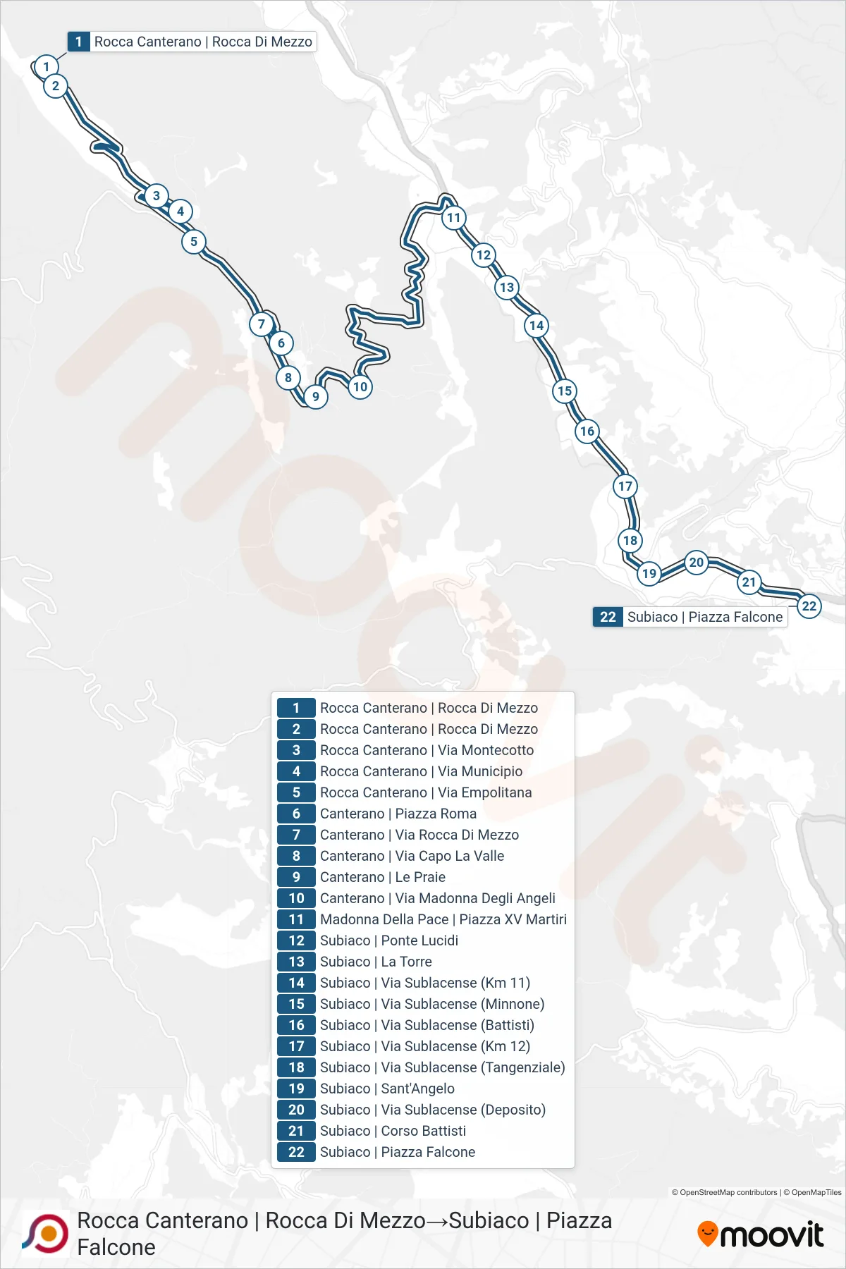 Linea COTRAL bus (Rocca Canterano | Rocca Di Mezzo→Subiaco | Piazza Falcone) - Percorsi e fermate sulla mappa