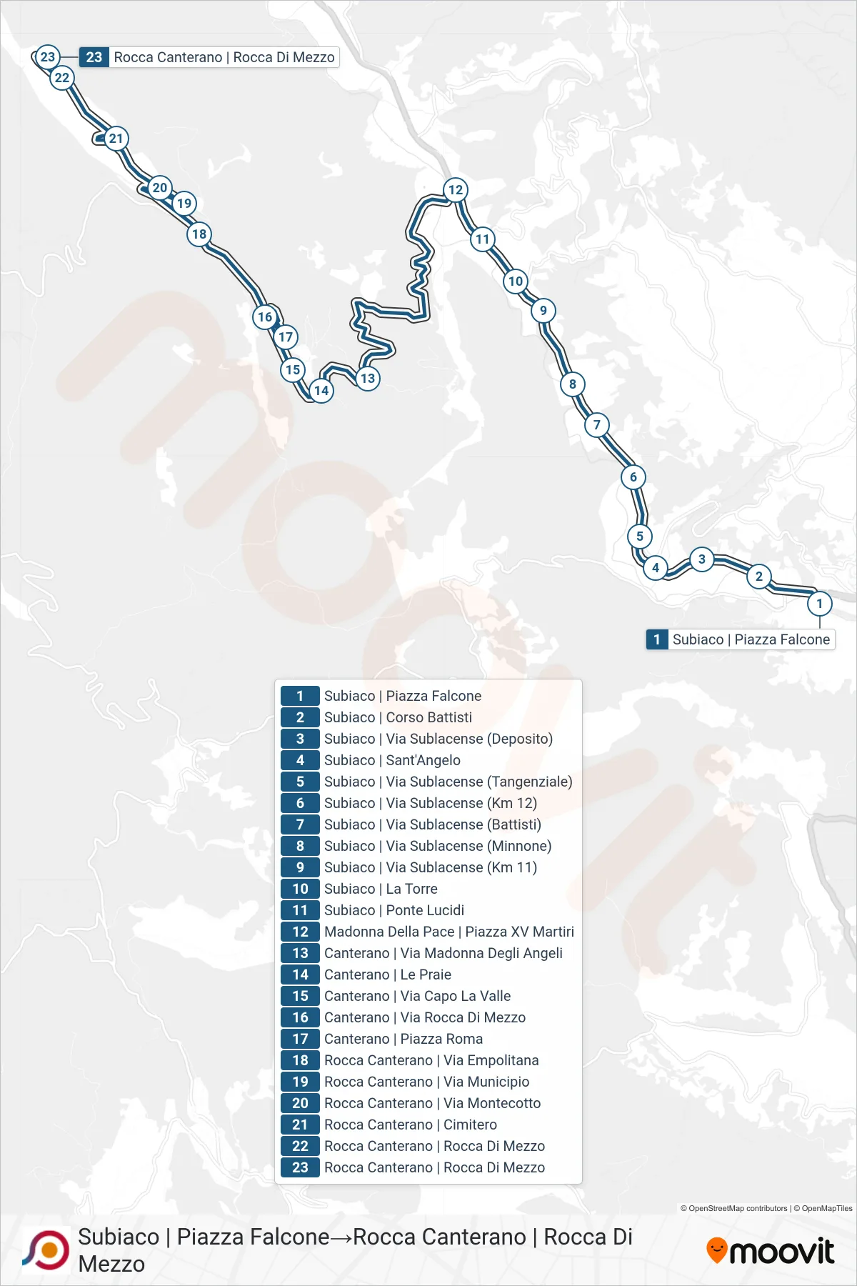 Linea COTRAL bus (Subiaco | Piazza Falcone→Rocca Canterano | Rocca Di Mezzo) - Percorsi e fermate sulla mappa