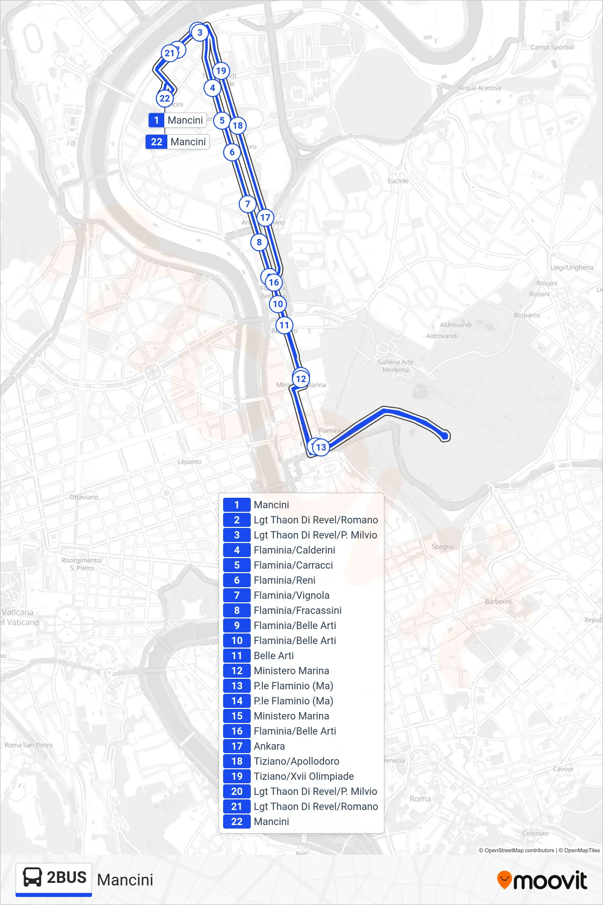 Linea 2BUS bus (Mancini) - Percorsi e fermate sulla mappa