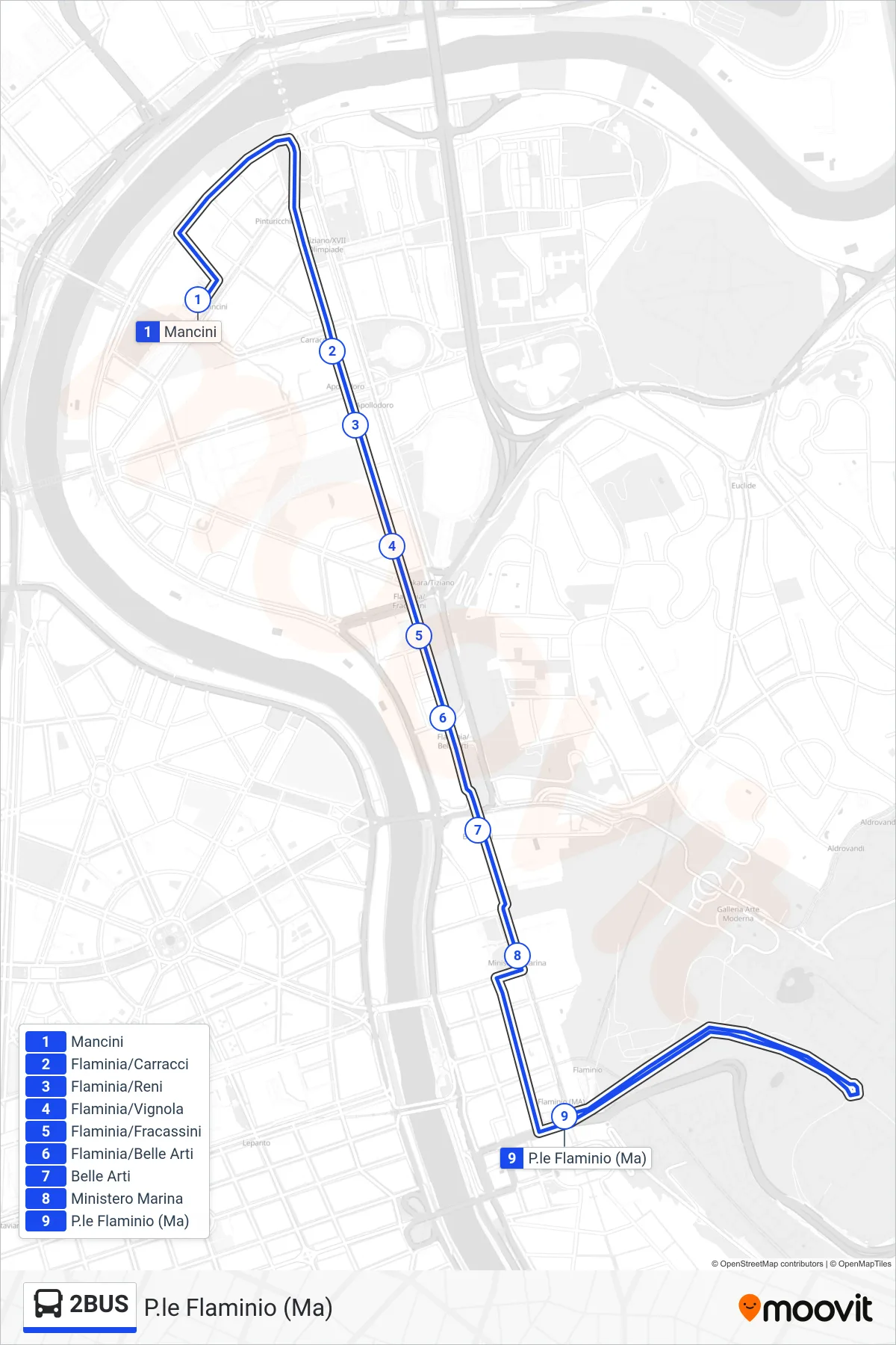 Linea 2BUS bus (P.le Flaminio (Ma)) - Percorsi e fermate sulla mappa