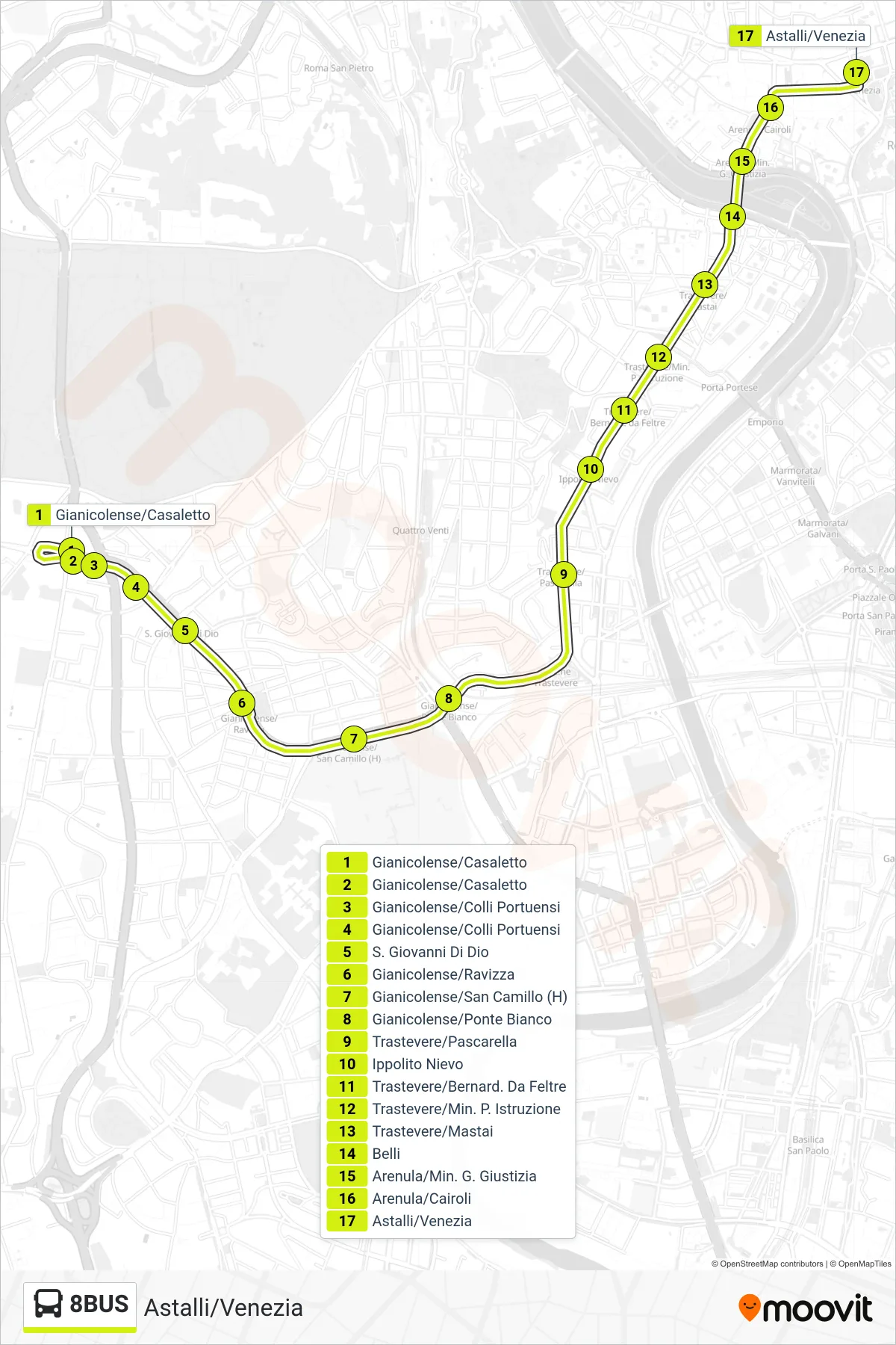 8BUS bus Line (Astalli/Venezia) route and stops on a map