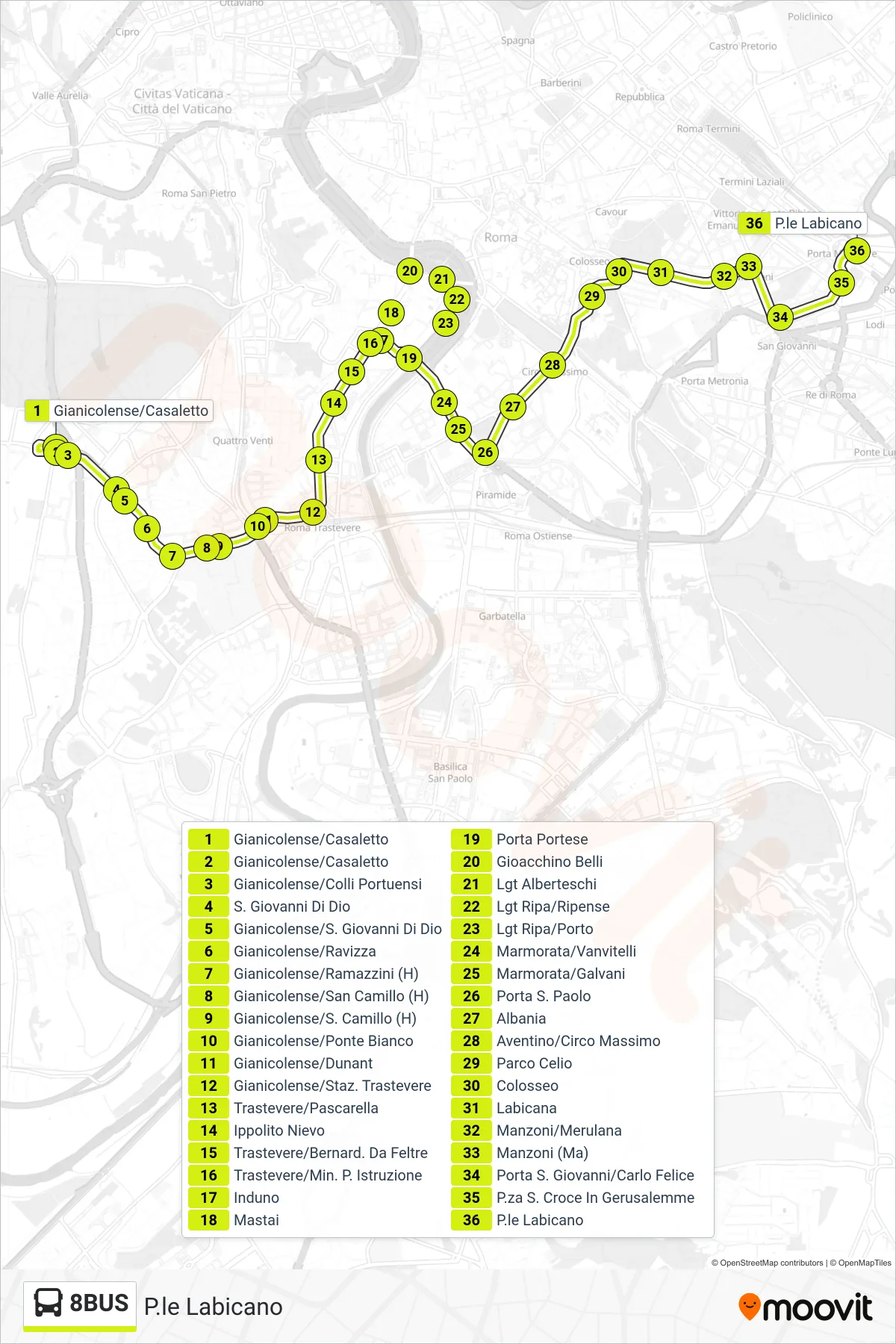 Linea 8BUS bus (P.le Labicano) - Percorsi e fermate sulla mappa
