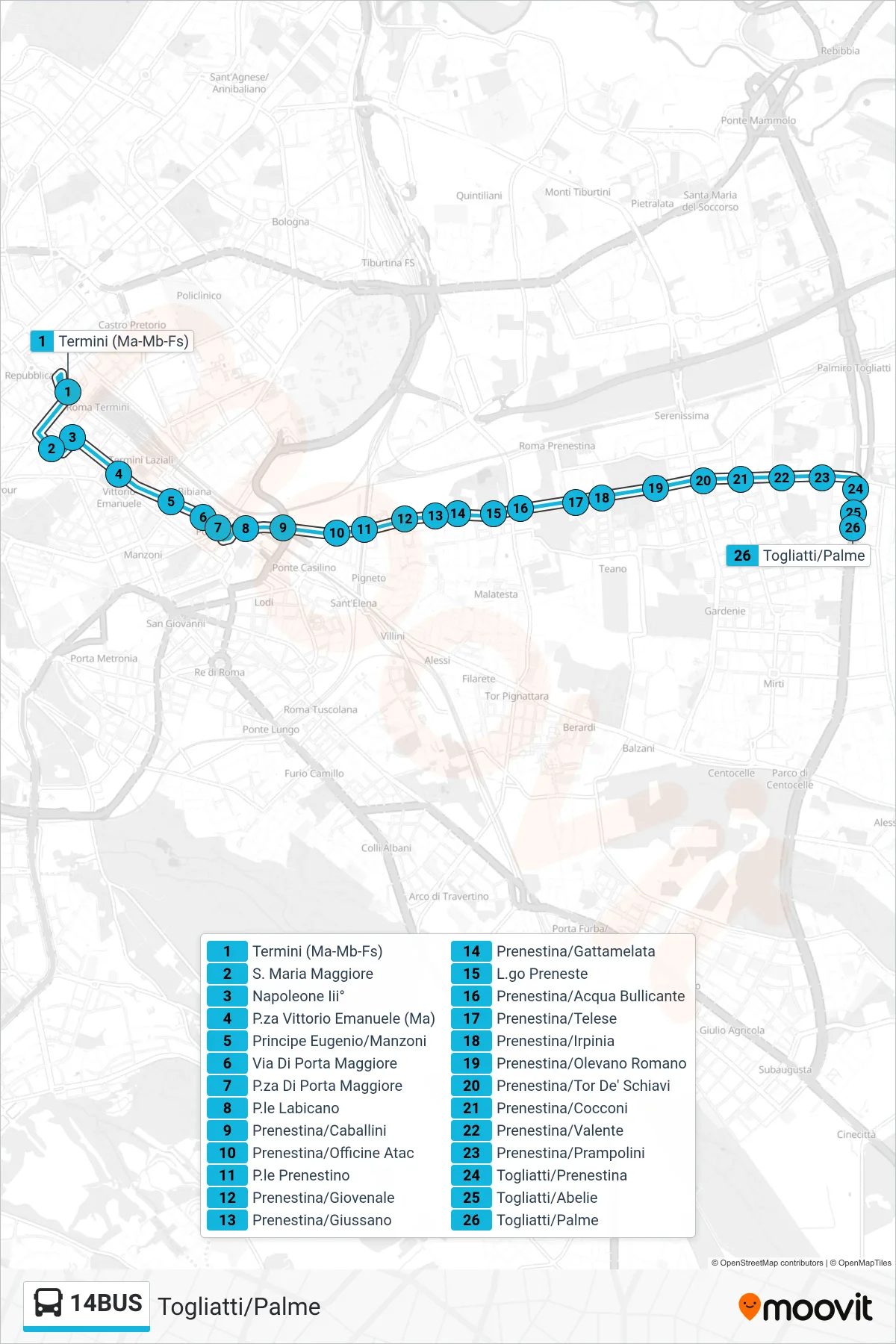 Linea 14BUS  bus (Togliatti/Palme) - Percorsi e fermate sulla mappa