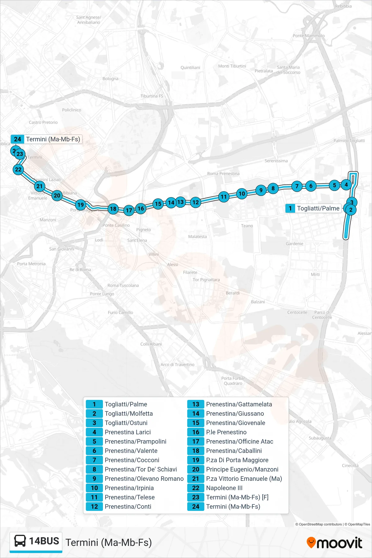 Linea 14BUS bus (Termini (Ma-Mb-Fs)) - Percorsi e fermate sulla mappa