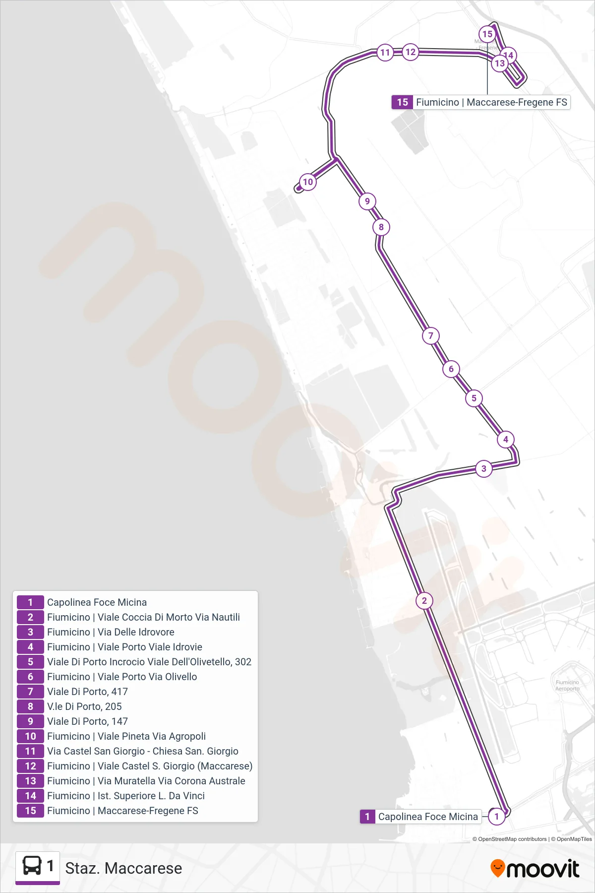 1 bus Line (Maccarese Station) route and stops on a map