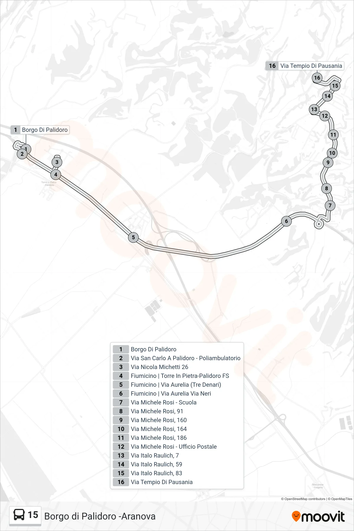Linea 15 bus (Aranova) - Percorsi e fermate sulla mappa