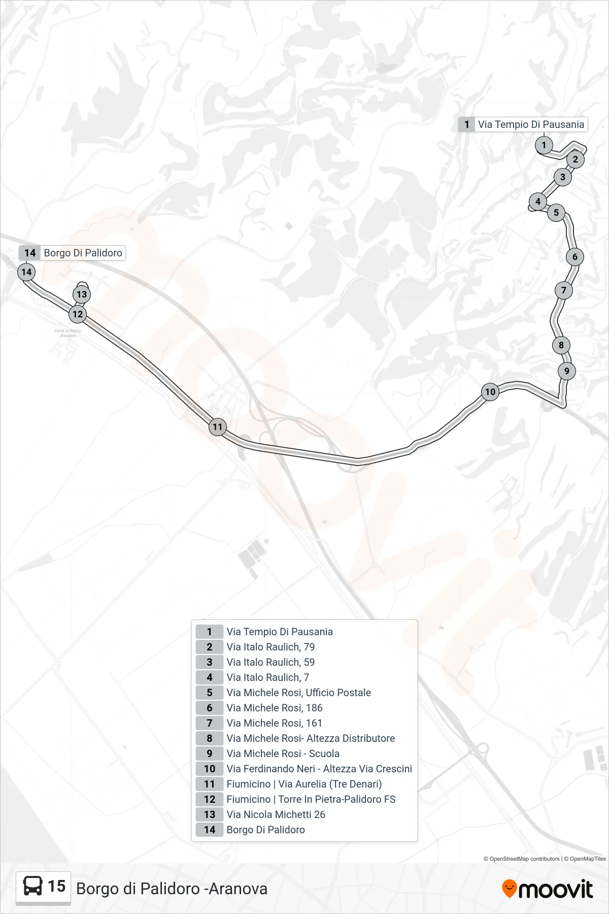 15 bus Line (Palidoro Village) route and stops on a map