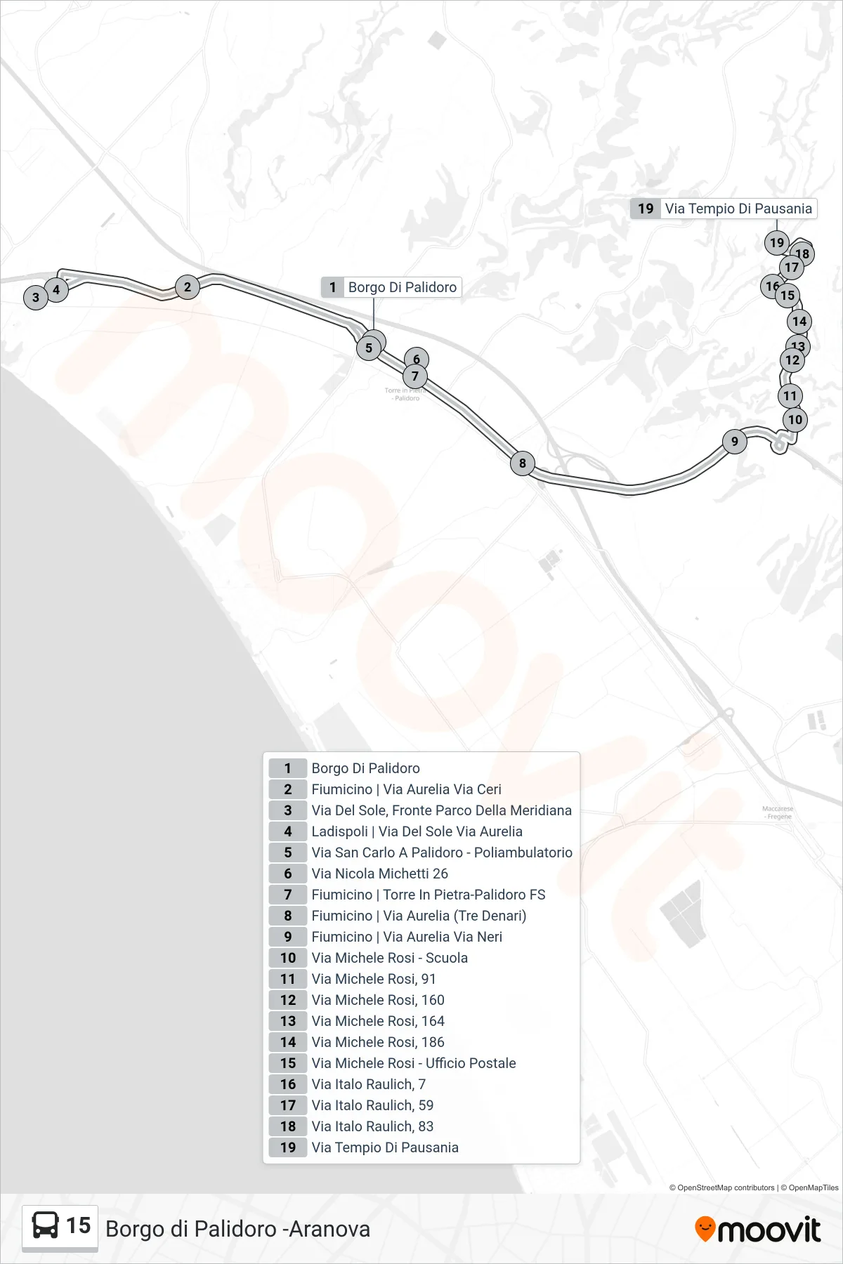 15 bus Line (Aranova (Extension M. San Nicola)) route and stops on a map