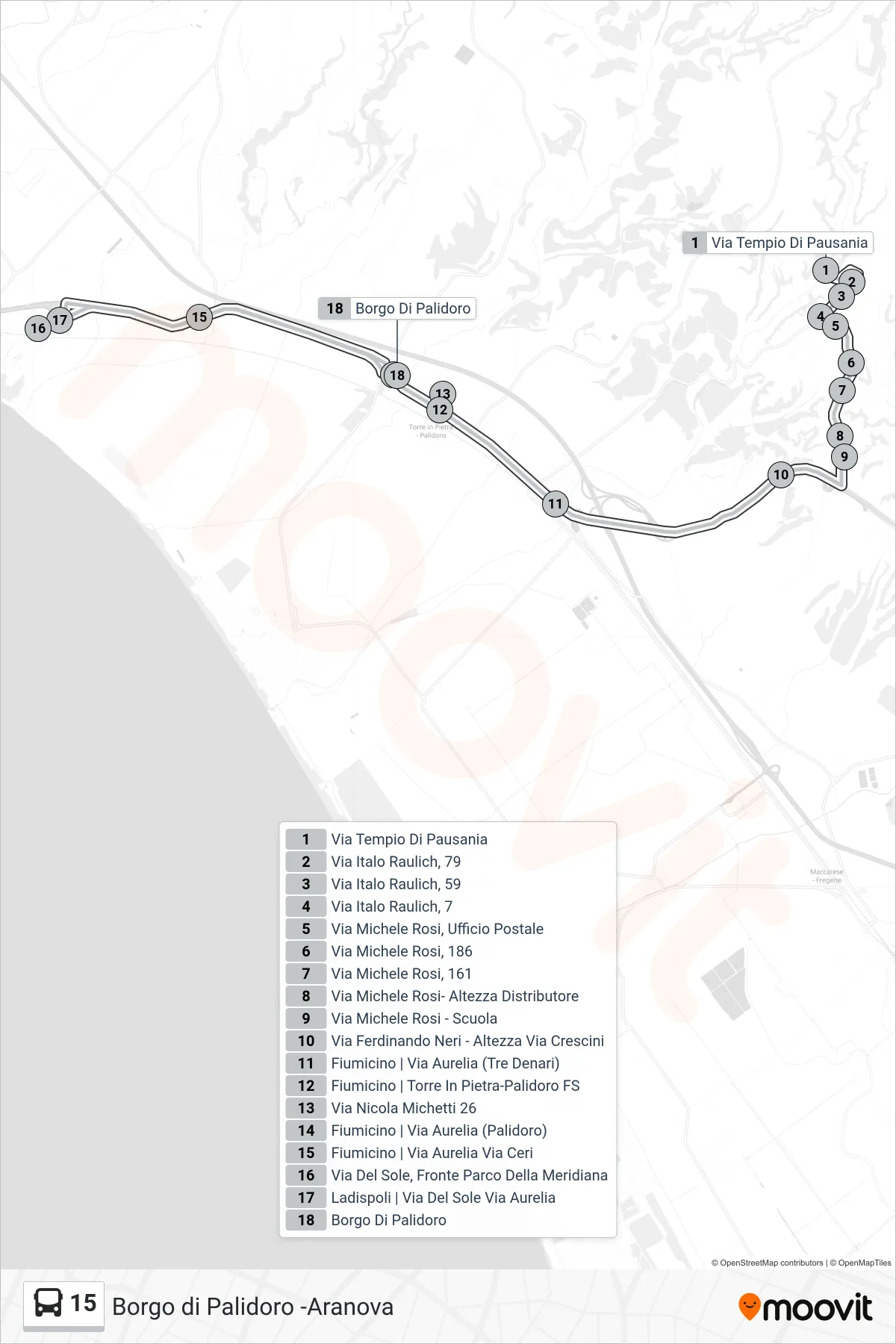 Linea 15 bus (Borgo Di Palidoro (Prol. M. San Nicola)) - Percorsi e fermate sulla mappa