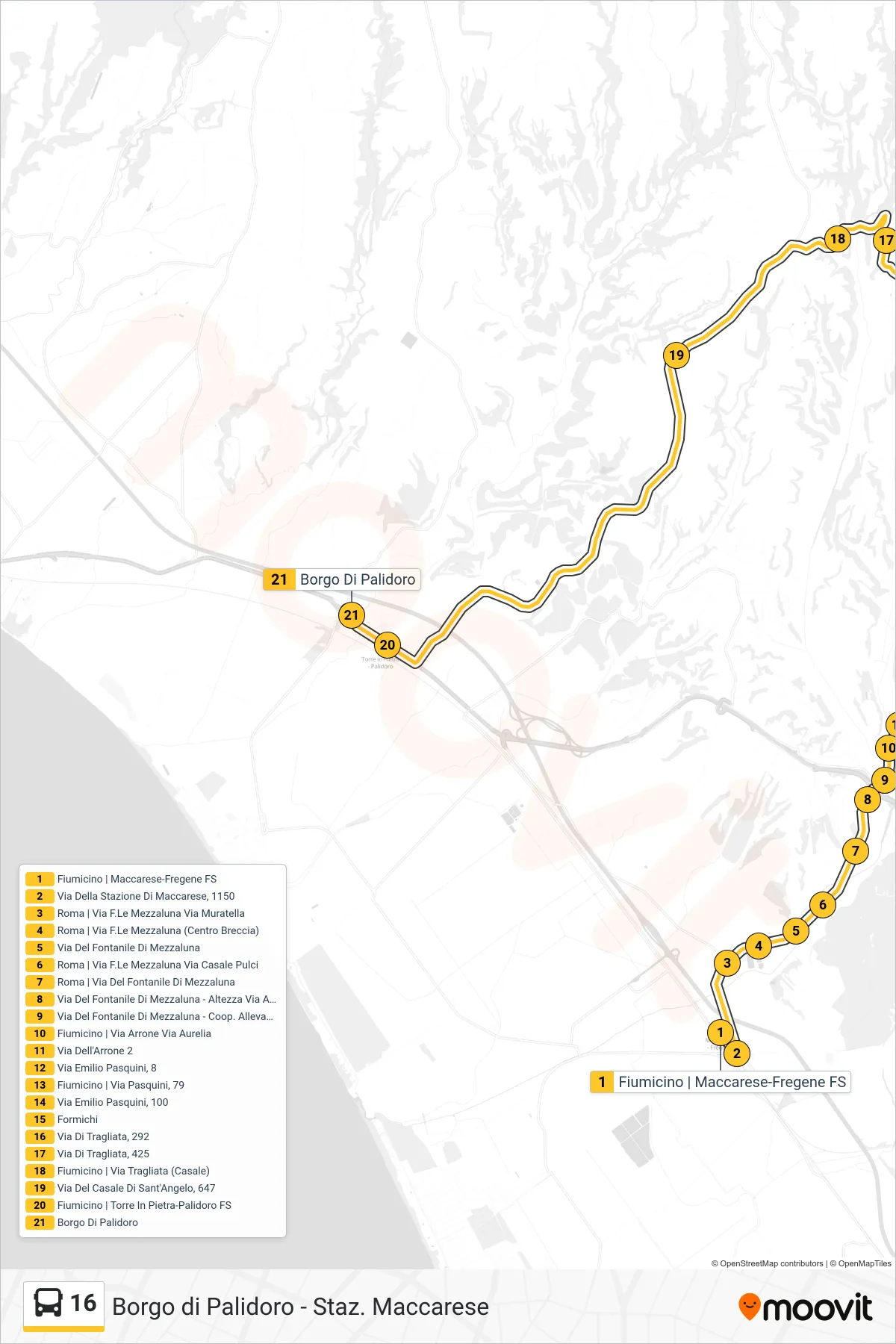 Linea 16 bus (Borgo Di Palidoro) - Percorsi e fermate sulla mappa