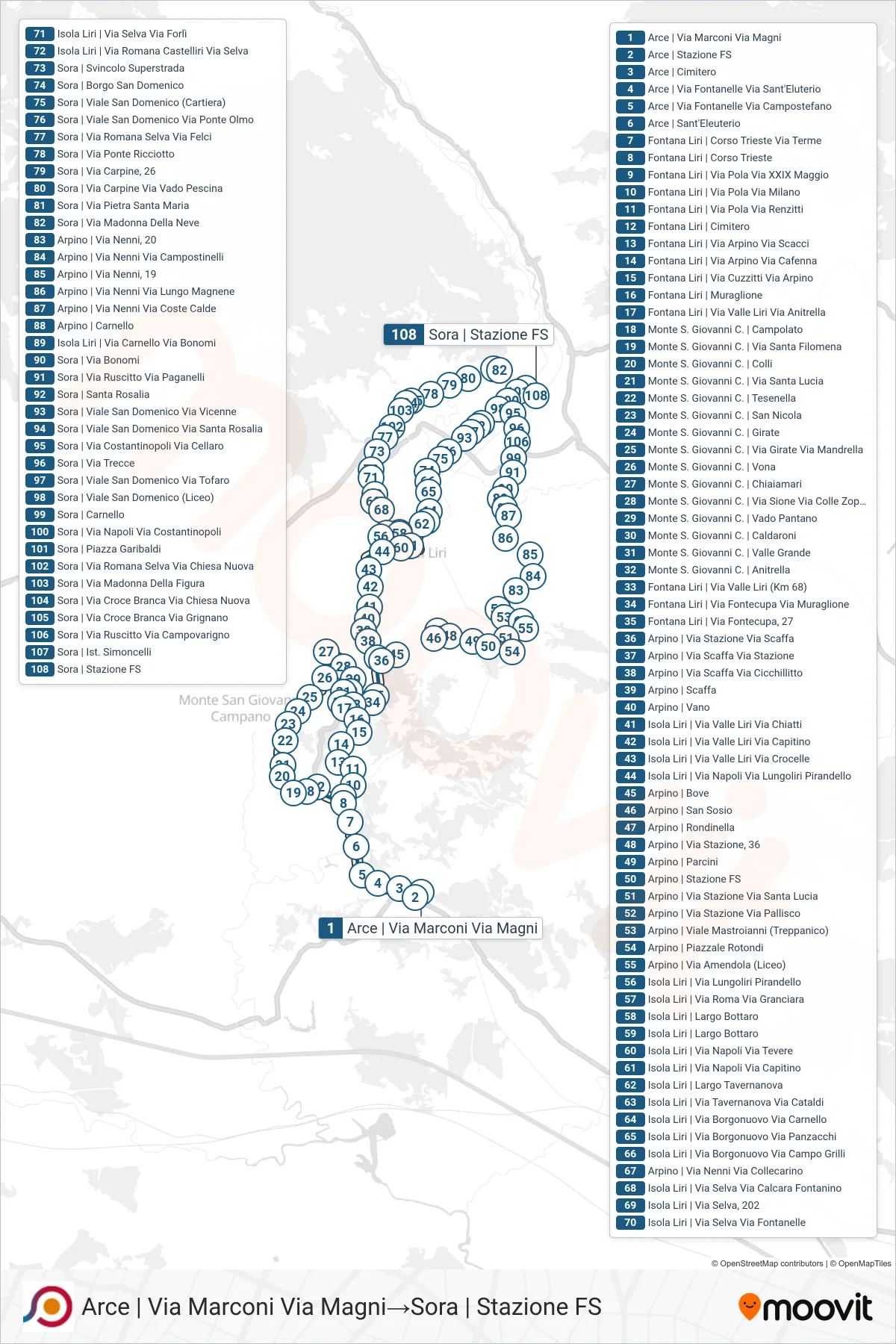 Linea COTRAL bus (Arce | Via Marconi Via Magni→Sora | Stazione FS) - Percorsi e fermate sulla mappa