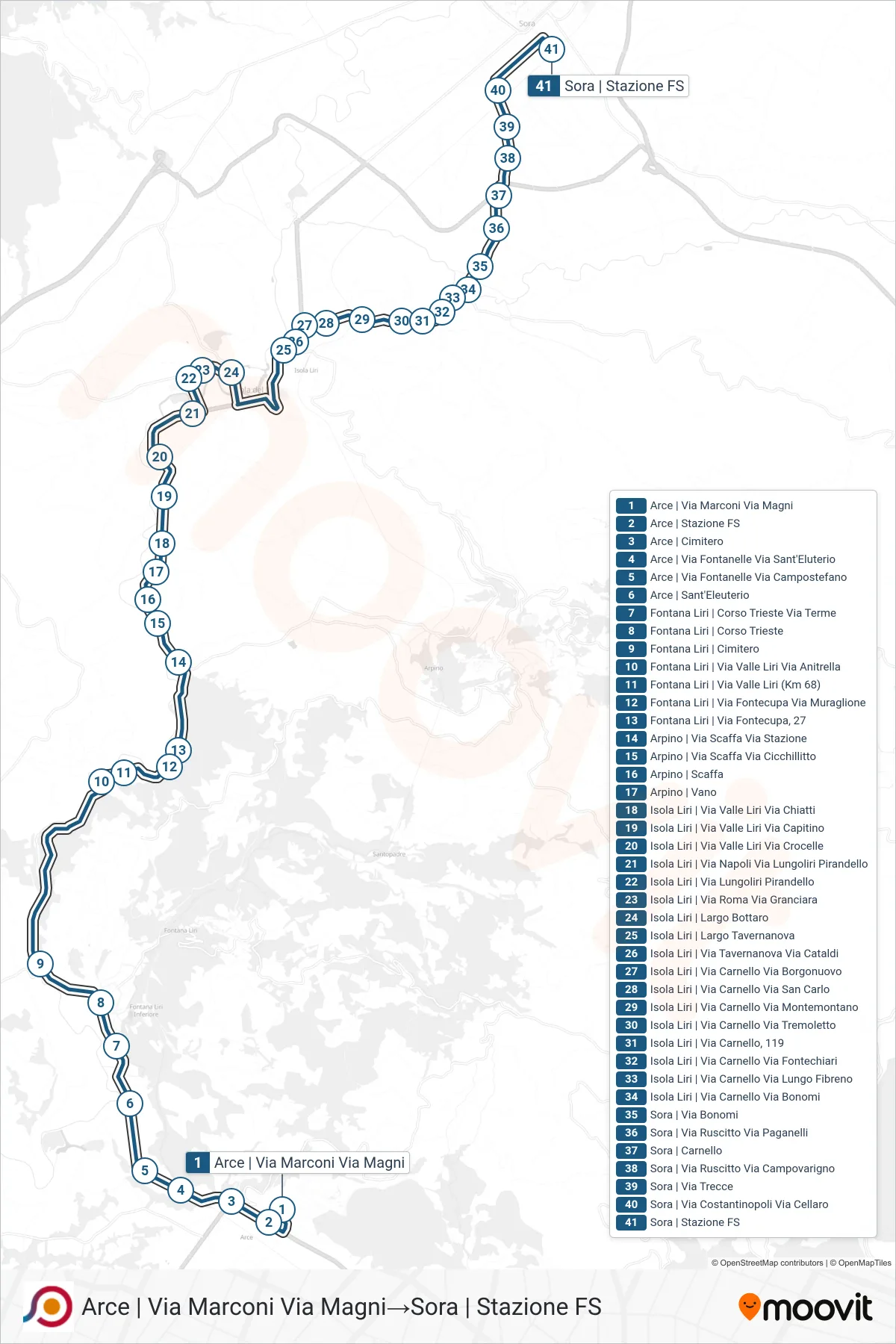 Linea COTRAL  bus (Arce | Via Marconi Via Magni‎→Sora | Stazione FS) - Percorsi e fermate sulla mappa