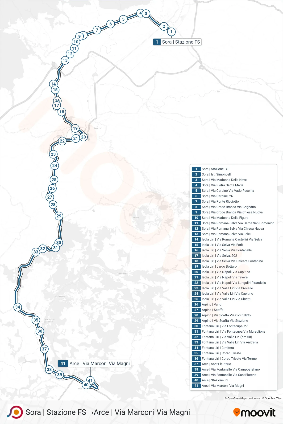 Linea COTRAL  bus (Sora | Stazione FS‎→Arce | Via Marconi Via Magni) - Percorsi e fermate sulla mappa
